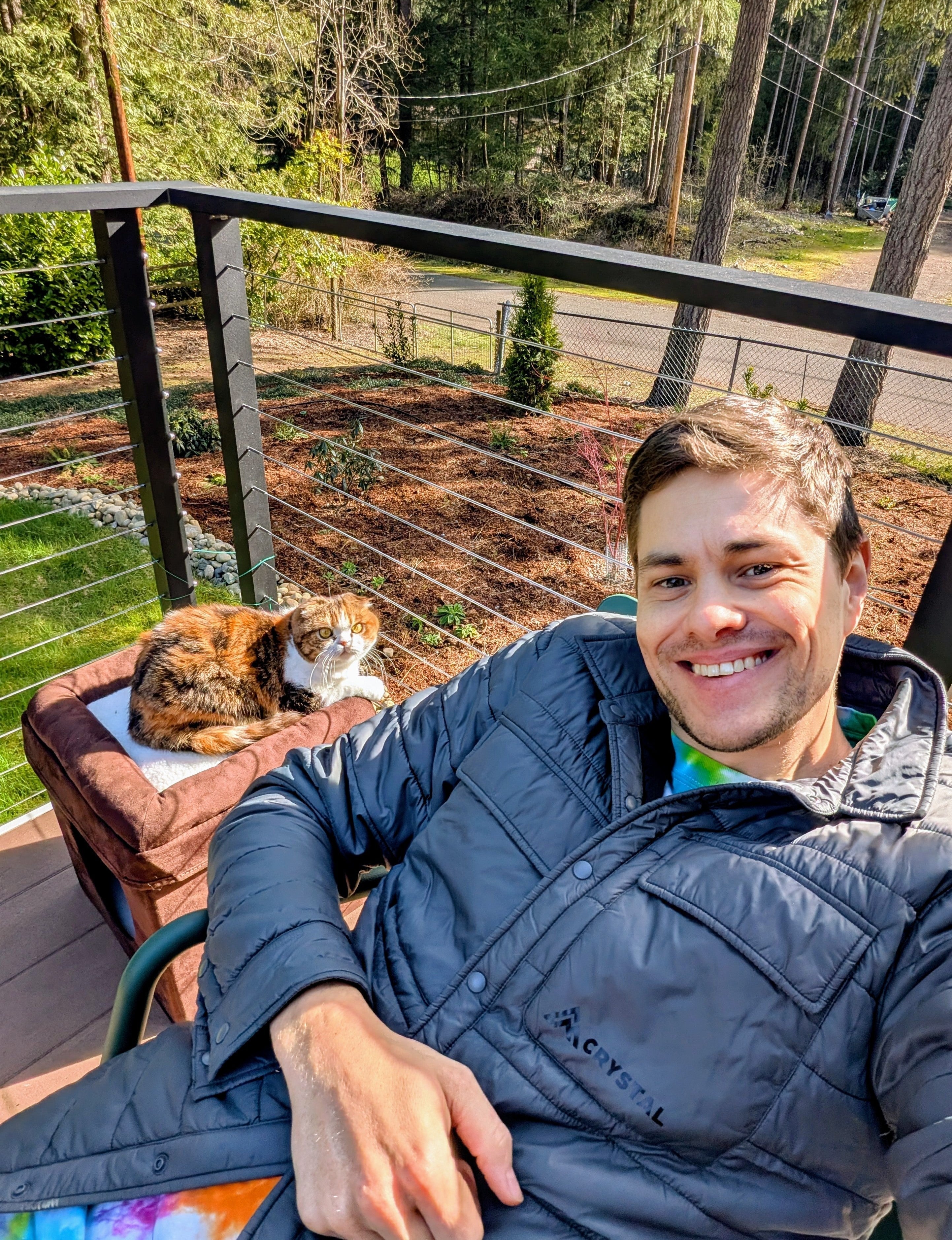 Sophie the Scottish Fold and her cat dad chilling in the sunshine
