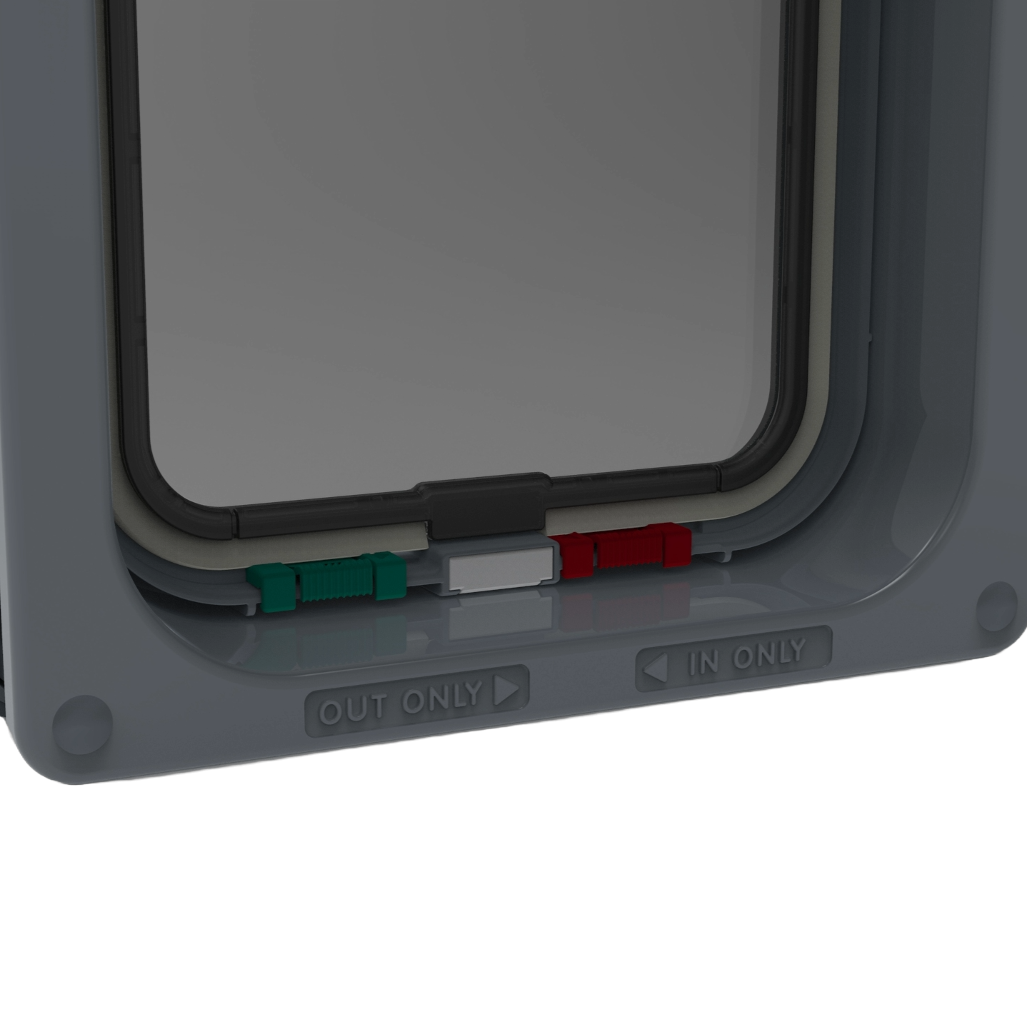 A close up view of the bottom half of the grey lockable cat flap with liner, showing the locks and corresponding labels.