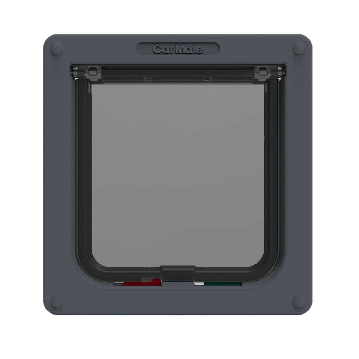 A gray Cat Mate 4-Way-Locking Cat Flap with a 2 inch door liner, featuring a transparent flap and solid-colored frame.