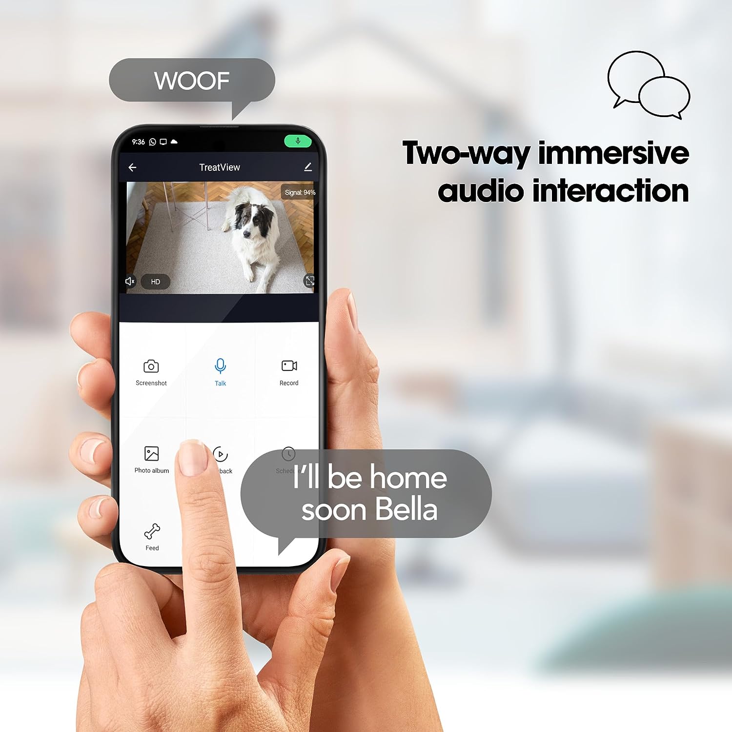 Closer Pets TreatView Pet Camera with Treat Dispenser displayed on smartphone with two-way audio interaction.