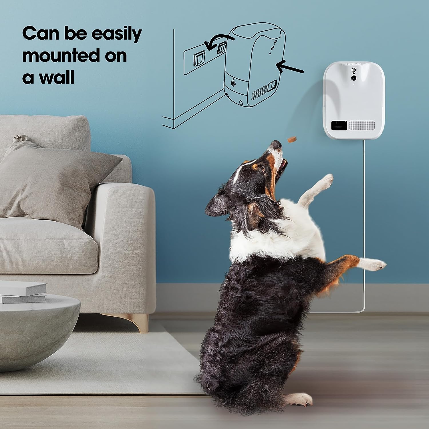 Closer Pets TreatView Pet Camera with Treat Dispenser mounted on wall with a dog jumping excitedly.