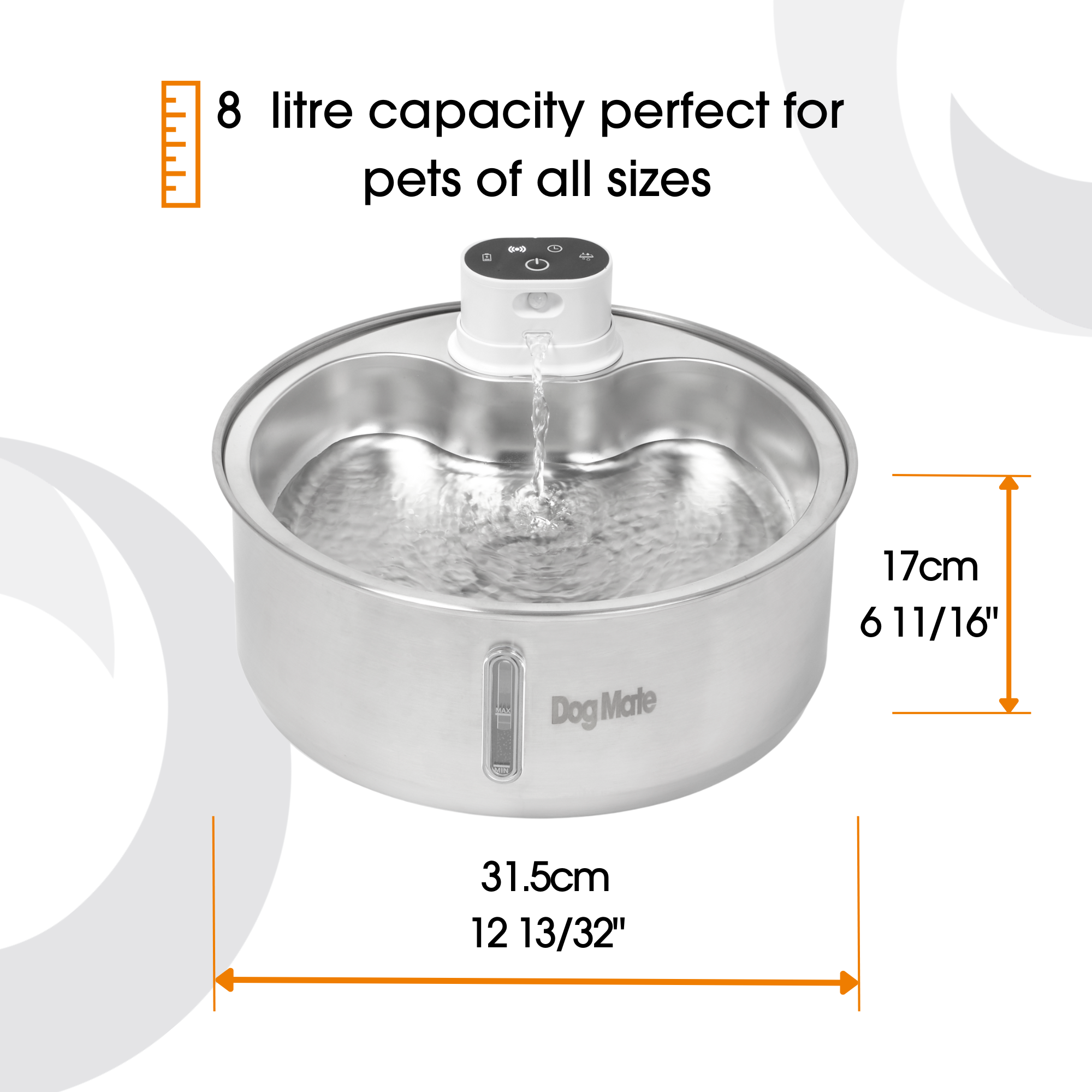 Dog Mate 8 Liter Stainless Steel Cordless Pet Water Fountain