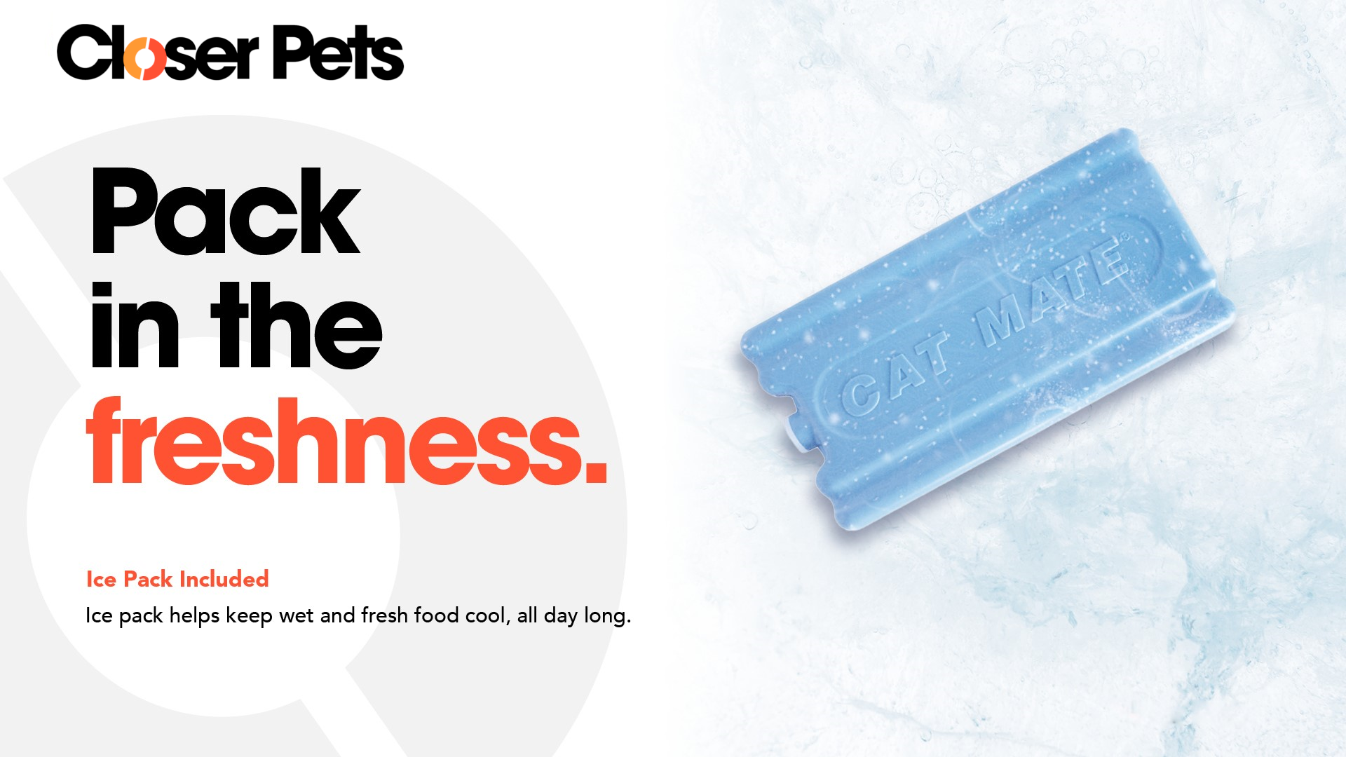 Infographic featuring a blue Cat Mate-branded ice pack on an icy background. On the left side, bold text reads 'Pack in the freshness.' in black and orange. Below, a caption in smaller text says 'Ice Pack Included – Ice pack helps keep wet and fresh food cool, all day long.