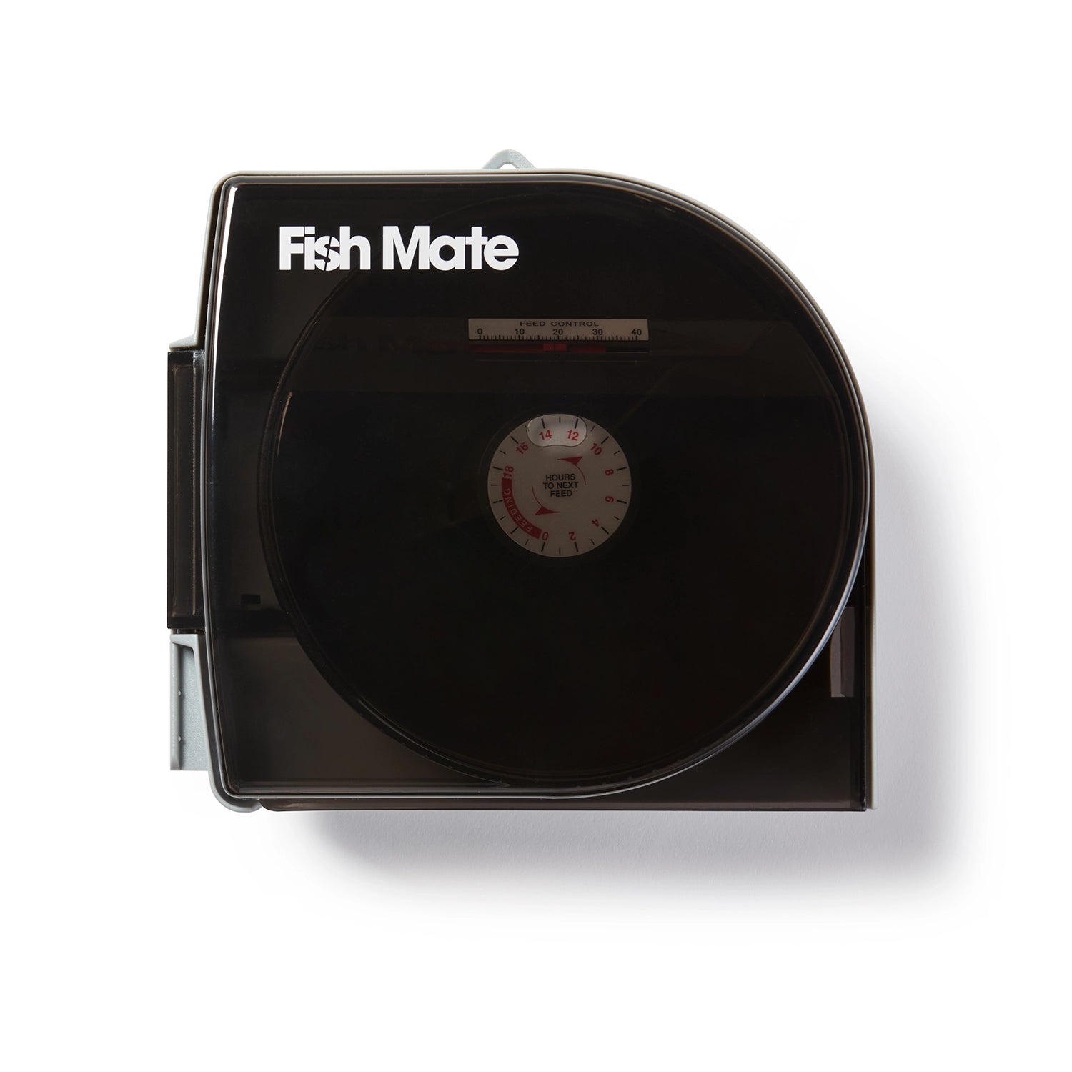Front view of a black 'Fish Mate' pond feeder on a white background.