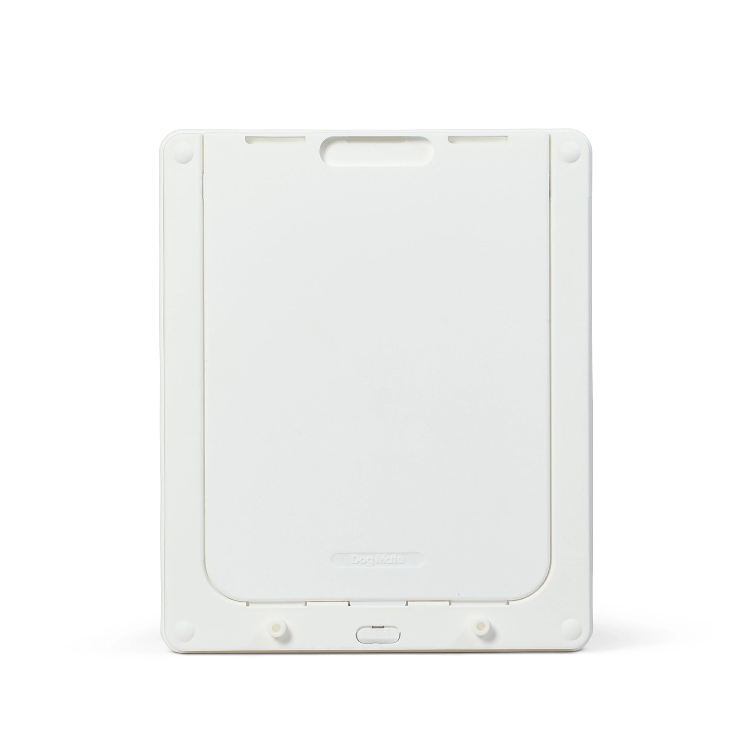 A front view of the Dog Mate medium white pet door showing the locking panel in place.