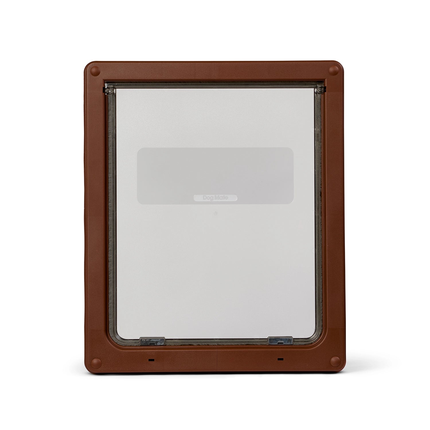A front view of a large brown dog door with a clear panel on a white background.