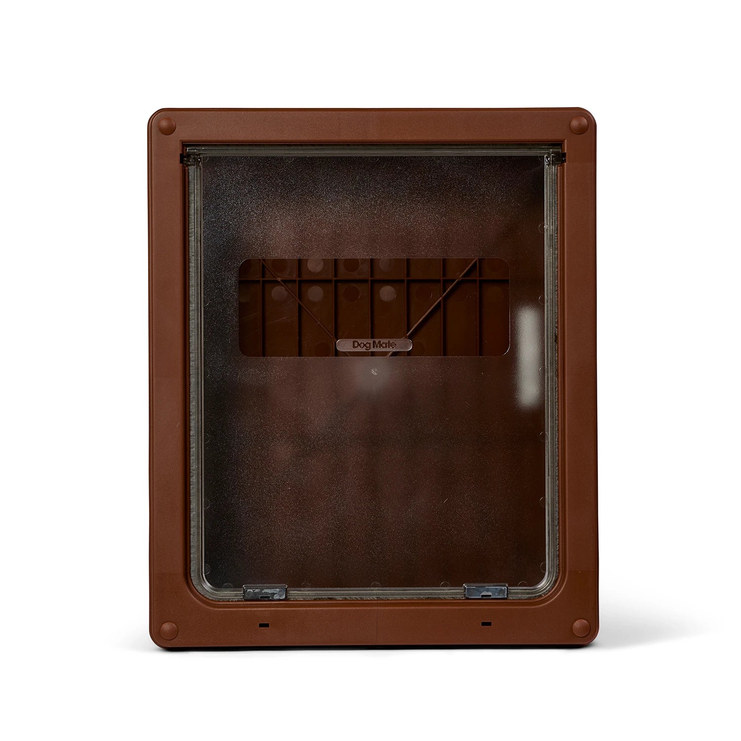 Brown pet door with a clear plastic panel on a white background.