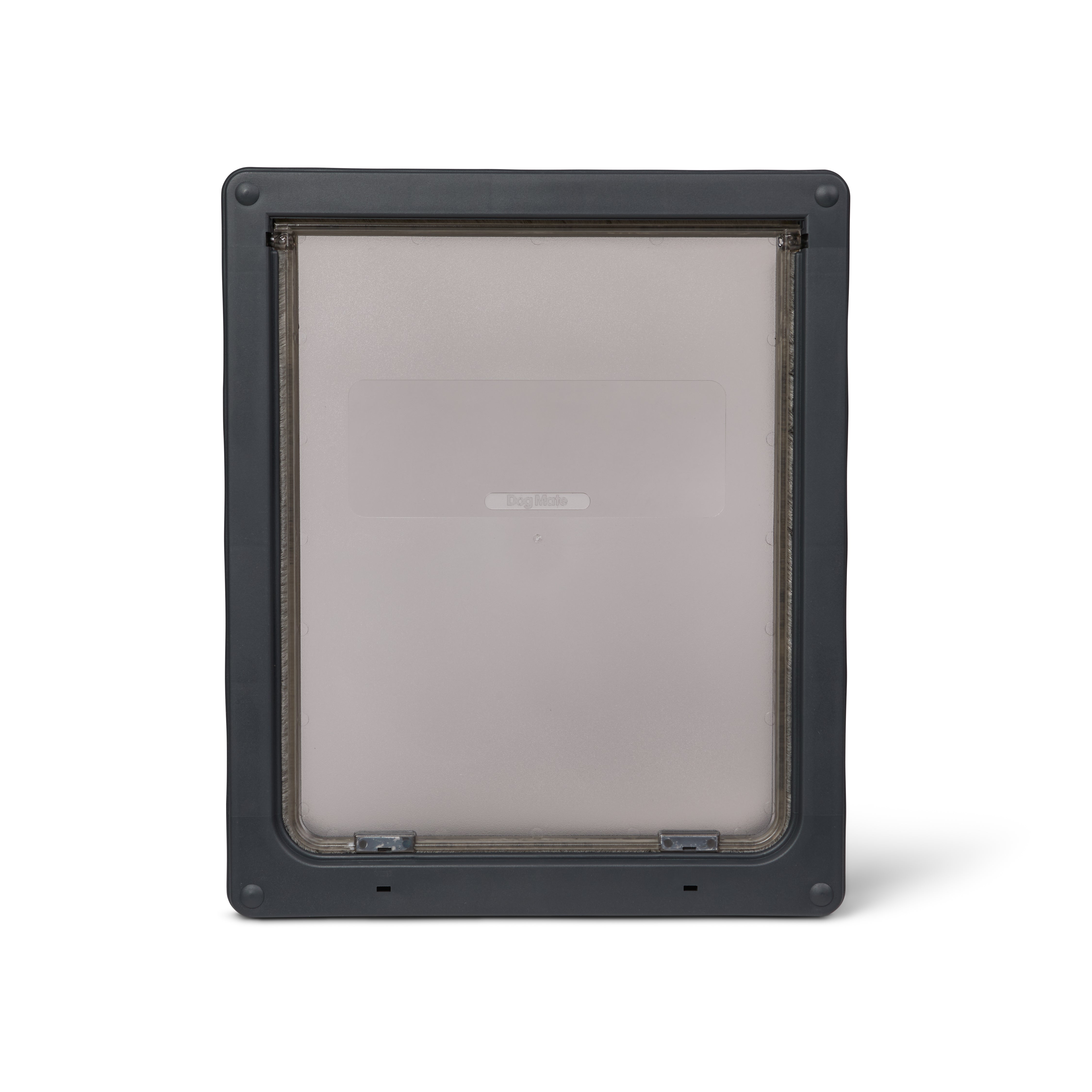 A front view of the pet door with a grey frame made by Dog Mate on a white background