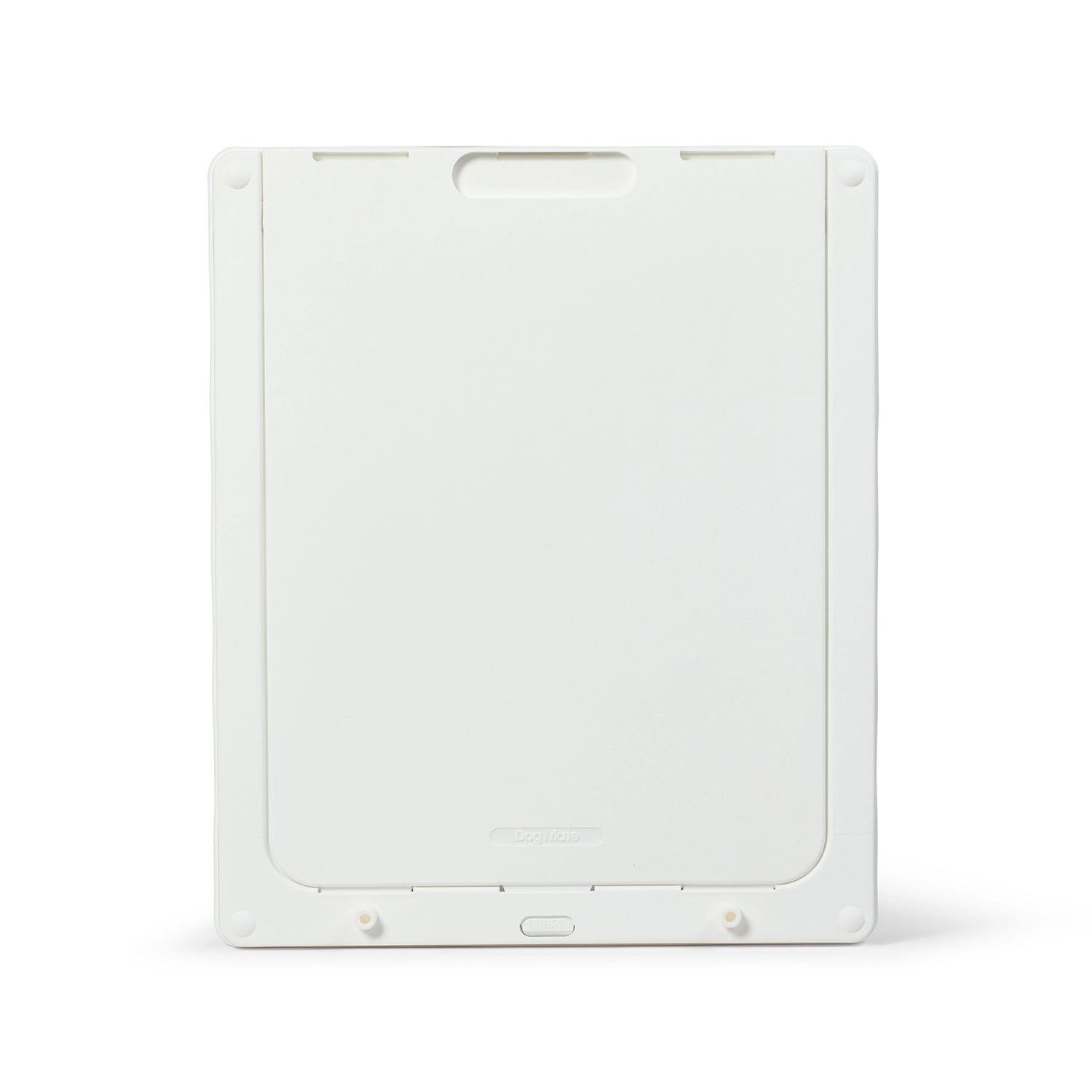 The back side of the large white dog door with the security panel in place.