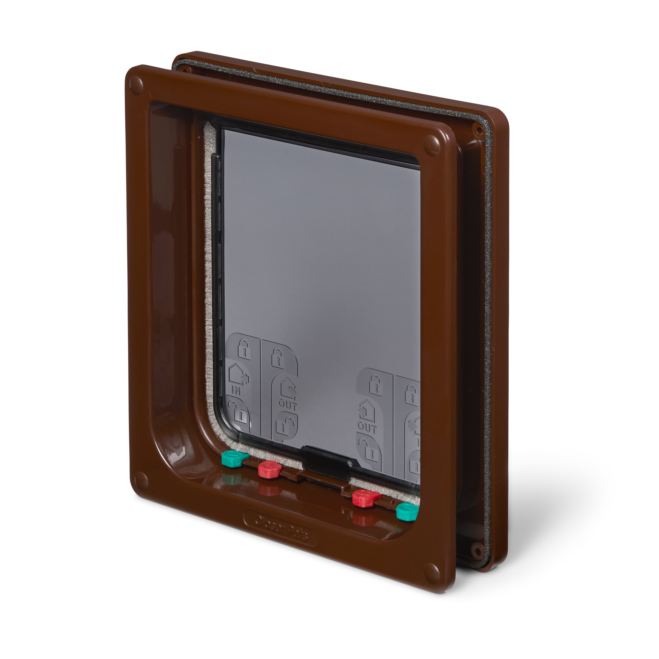 Transparent pet door made by Cat Mate with a brown frame with four manual locks to provide four different locking options on a white background
