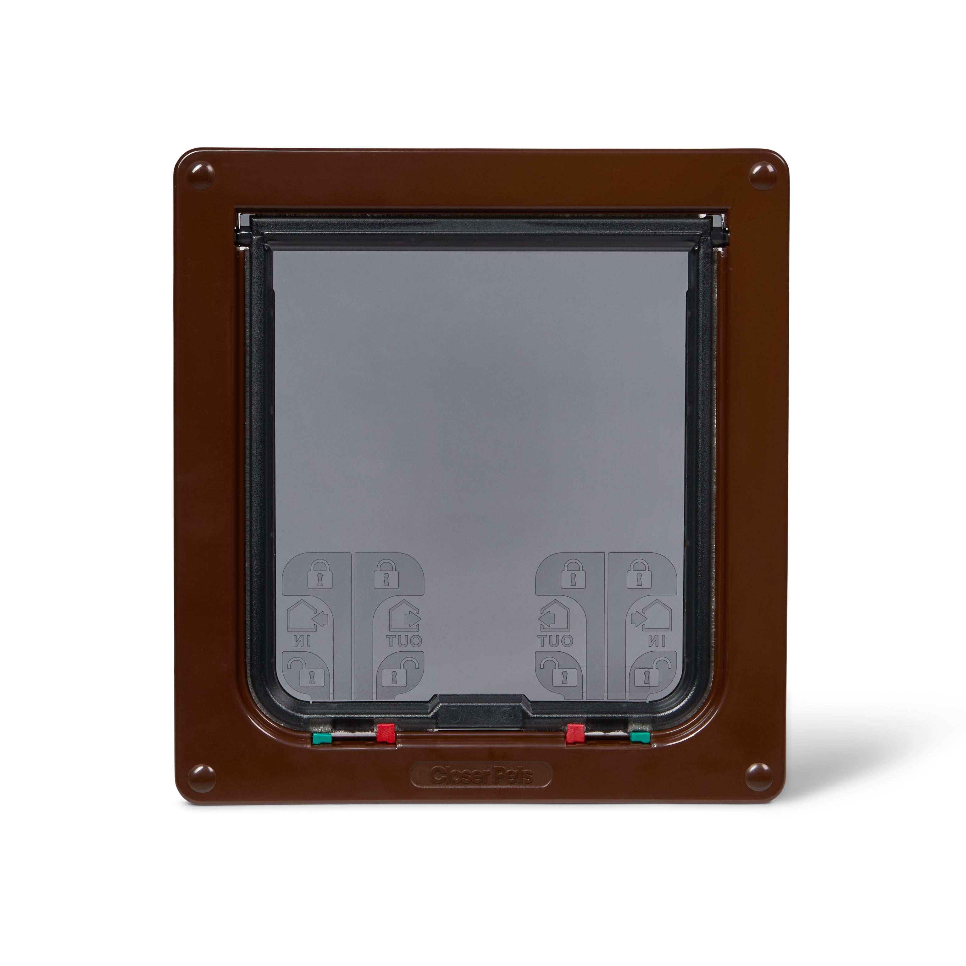 A front view of the brown-framed pet door for all cat breeds and small dogs with four-way manual locks, on a white background