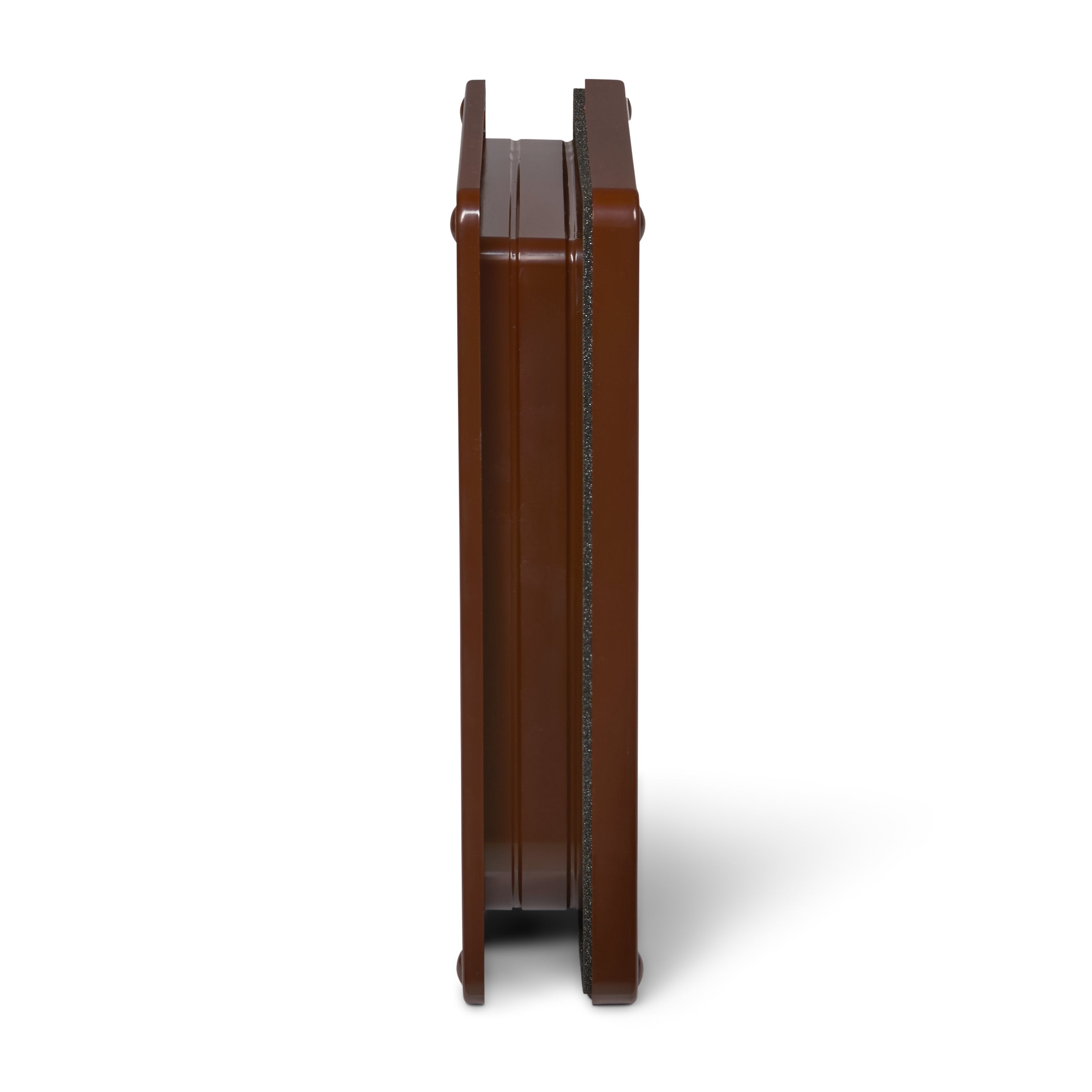 A side view of the brown-framed pet door for large cats which is self-lining up to two inches and is suiatbel for installation in to a variety of door types, panels and walls.