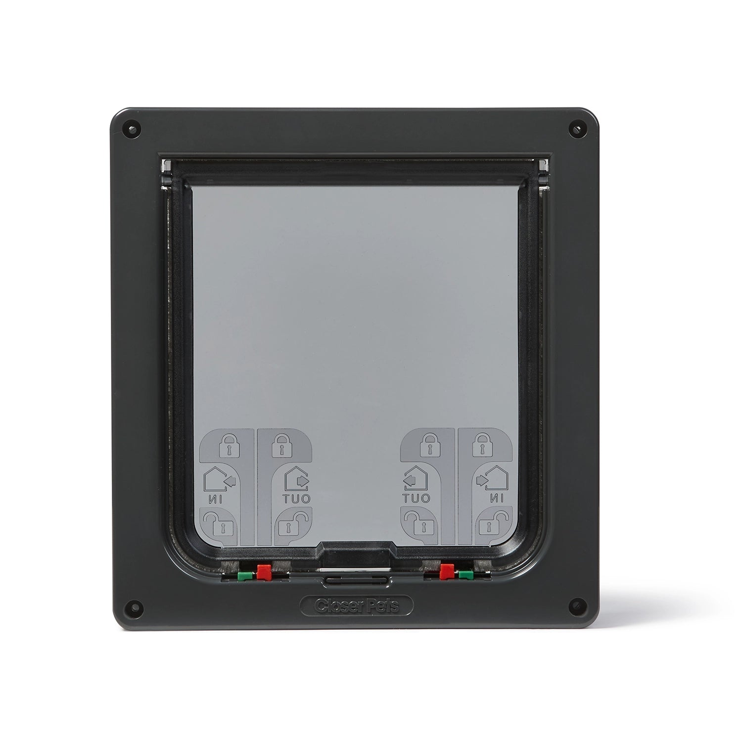 A large grey cat flap with 4-way red and green locks and magnetic closure against a white background.