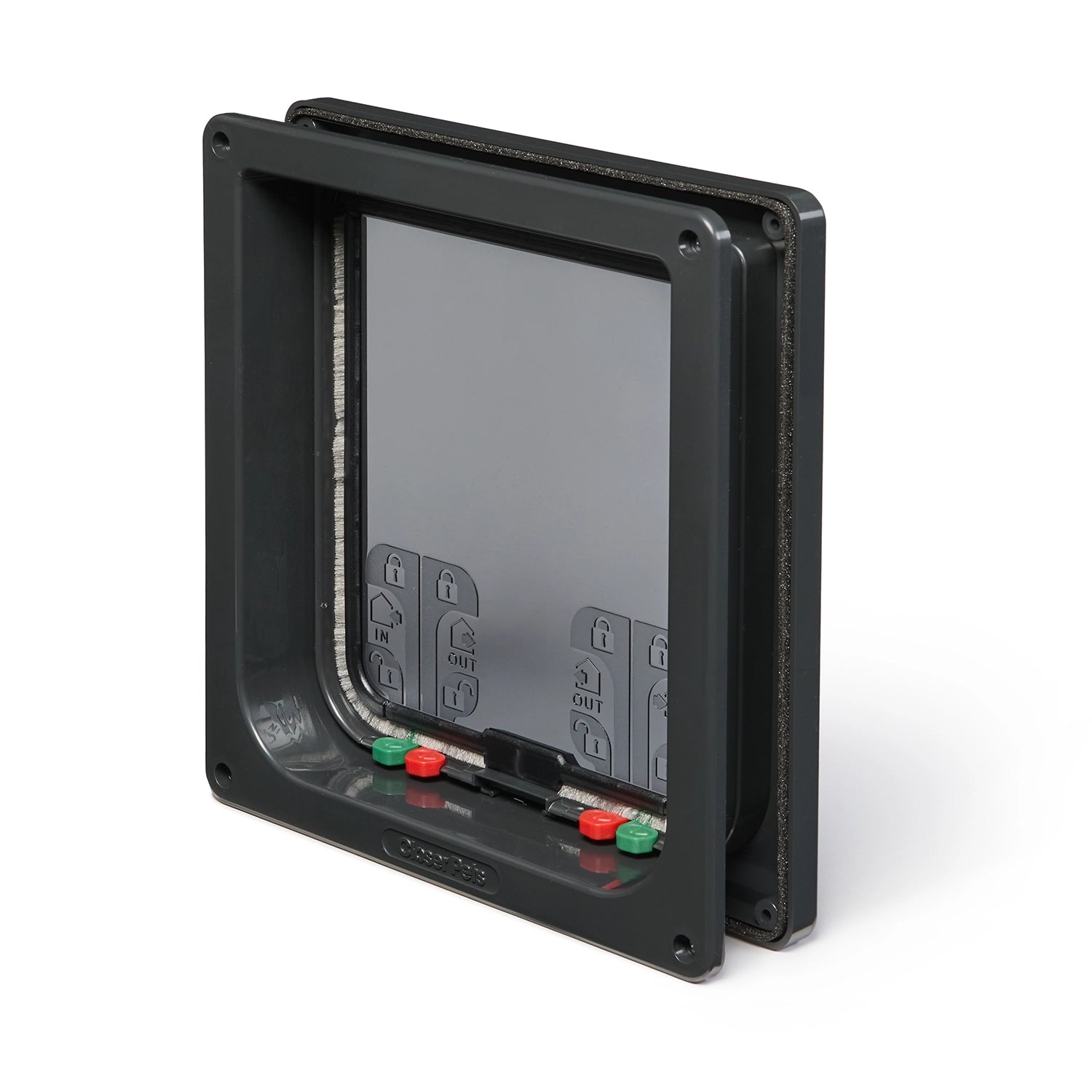 A pet door in grey which features locks in various positions to allow four different entry / exit modes, dpending on your preference.