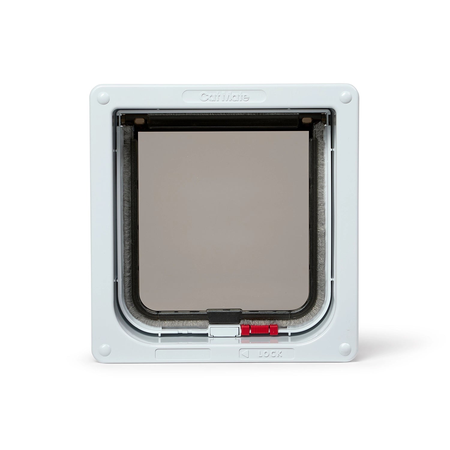 White lockable pet door with a clear flap on a white background
