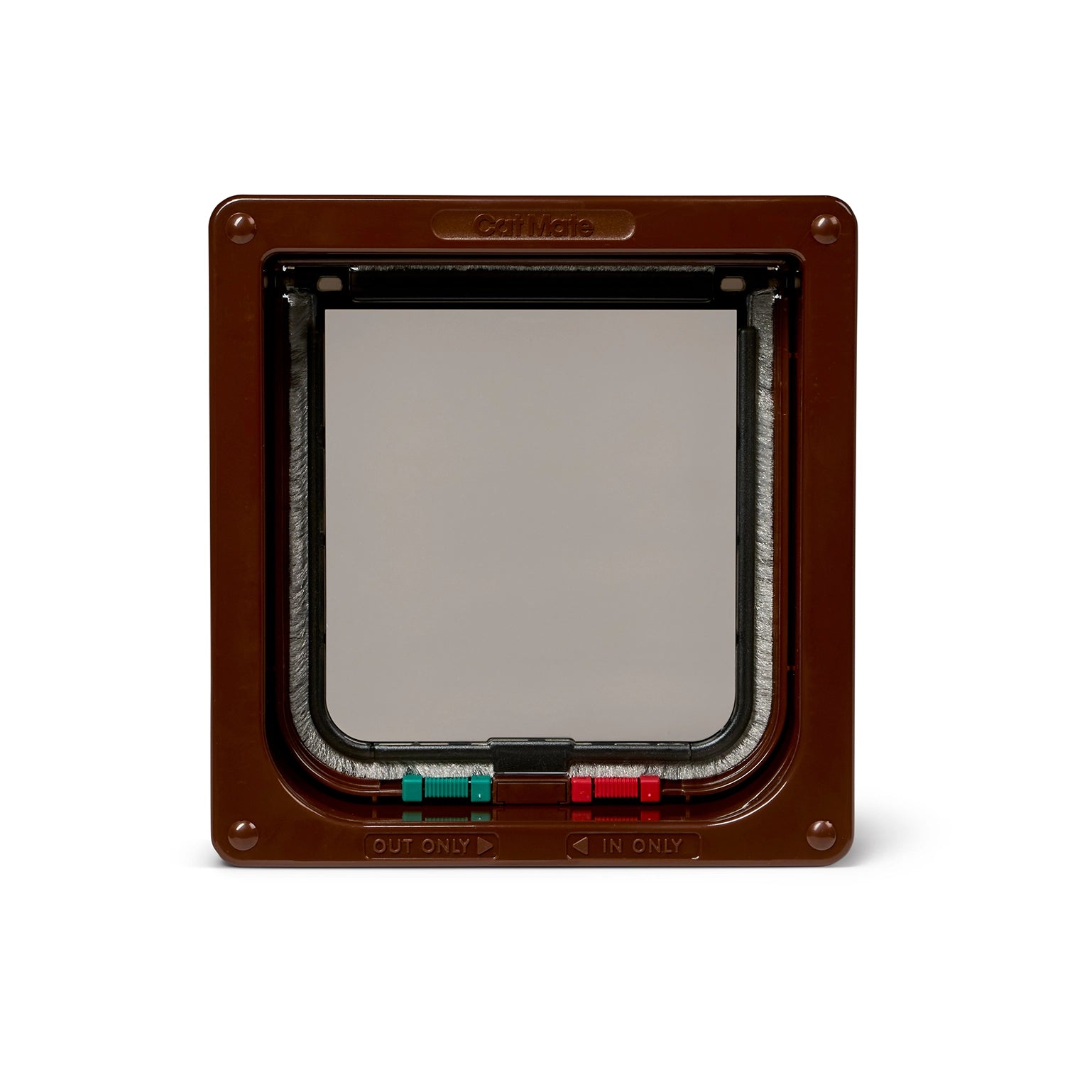 Pet door with a brown frame and door liner which can be installed on internal or external doors,  on a white background