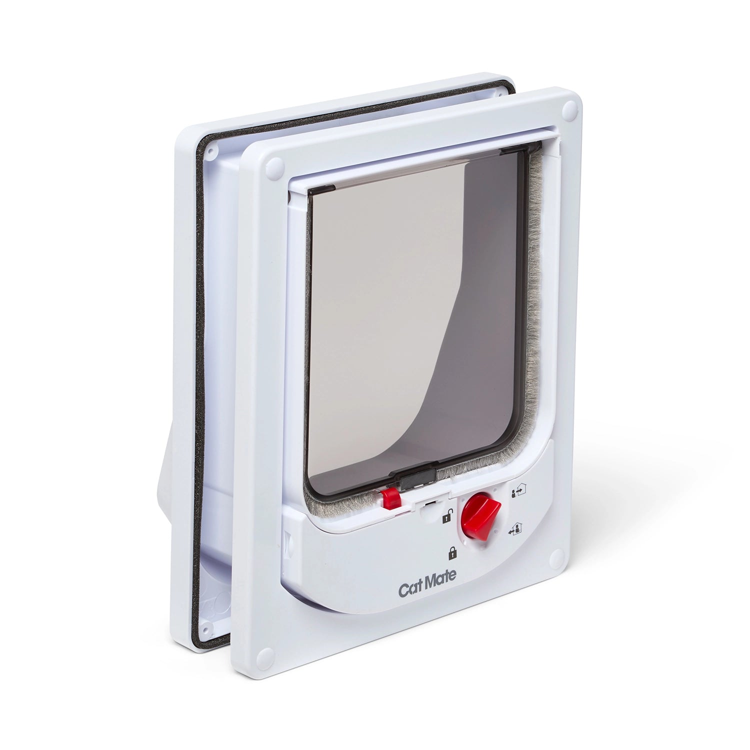 Pet door for average size cats with a clear flap and red locks on a white background