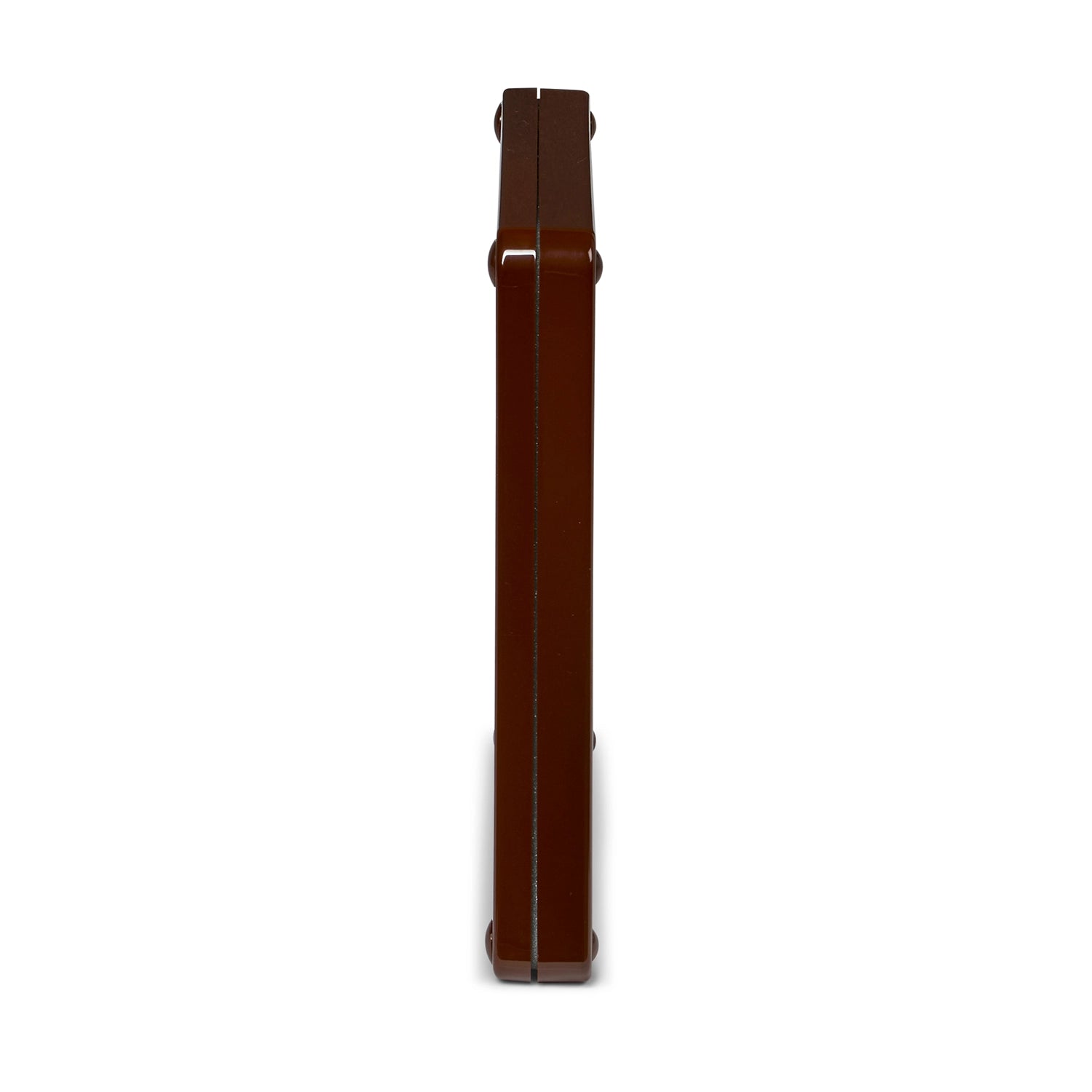 A side view of the lockable cat flap in brown on a white background.