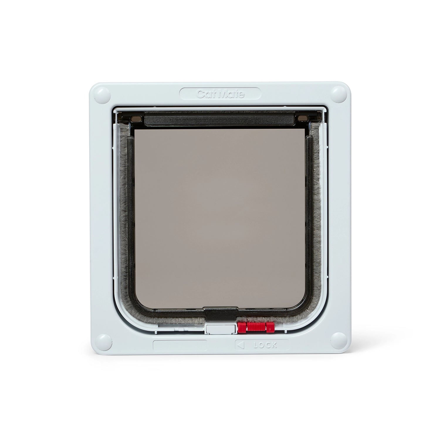 Front view of a white pet door with a transparent flap on a white background