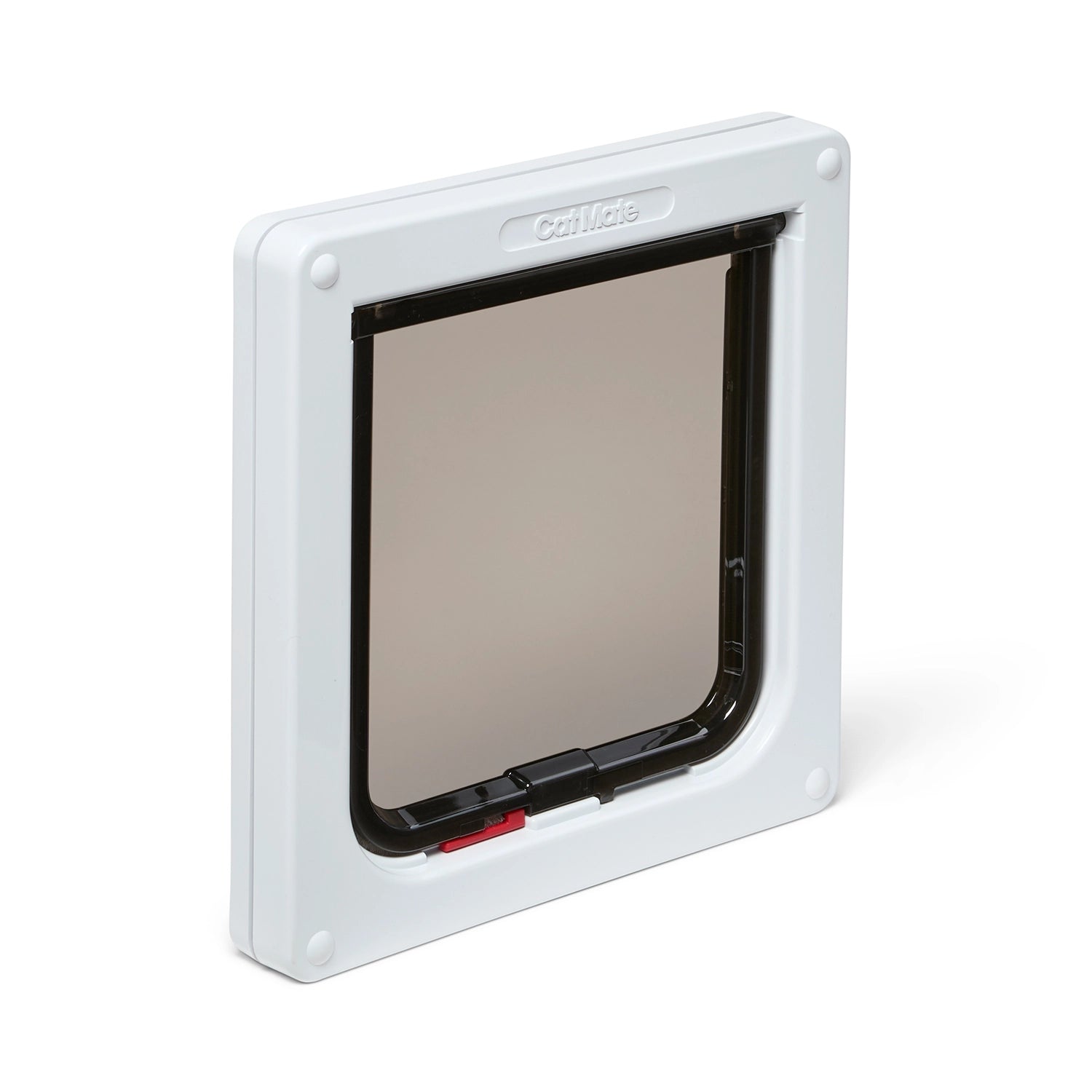 A side angle pet door for cats with a white frame and clear flap on a white background