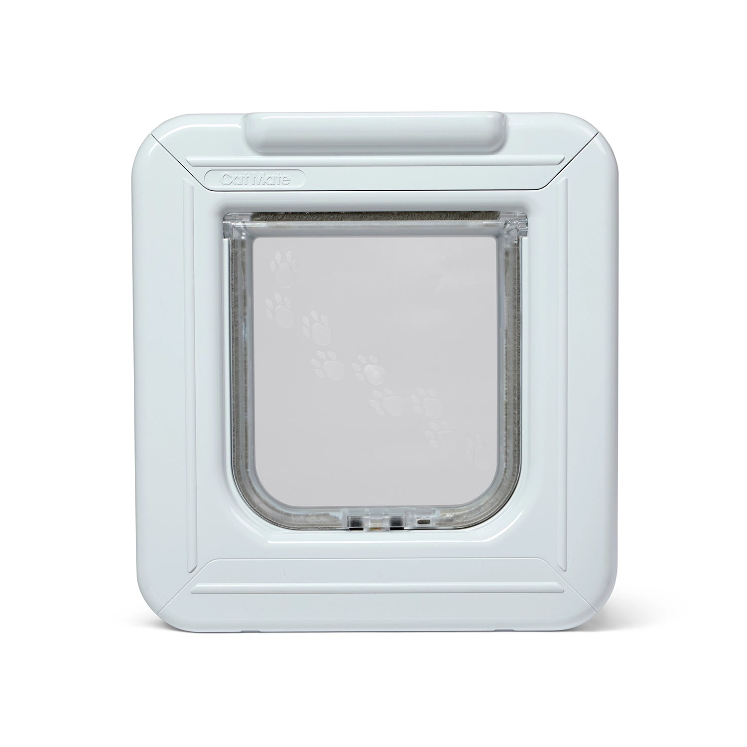 White cat flap that operates using electronic ID discs to allow specific cats to enter or exit through the flap, on a white background.
