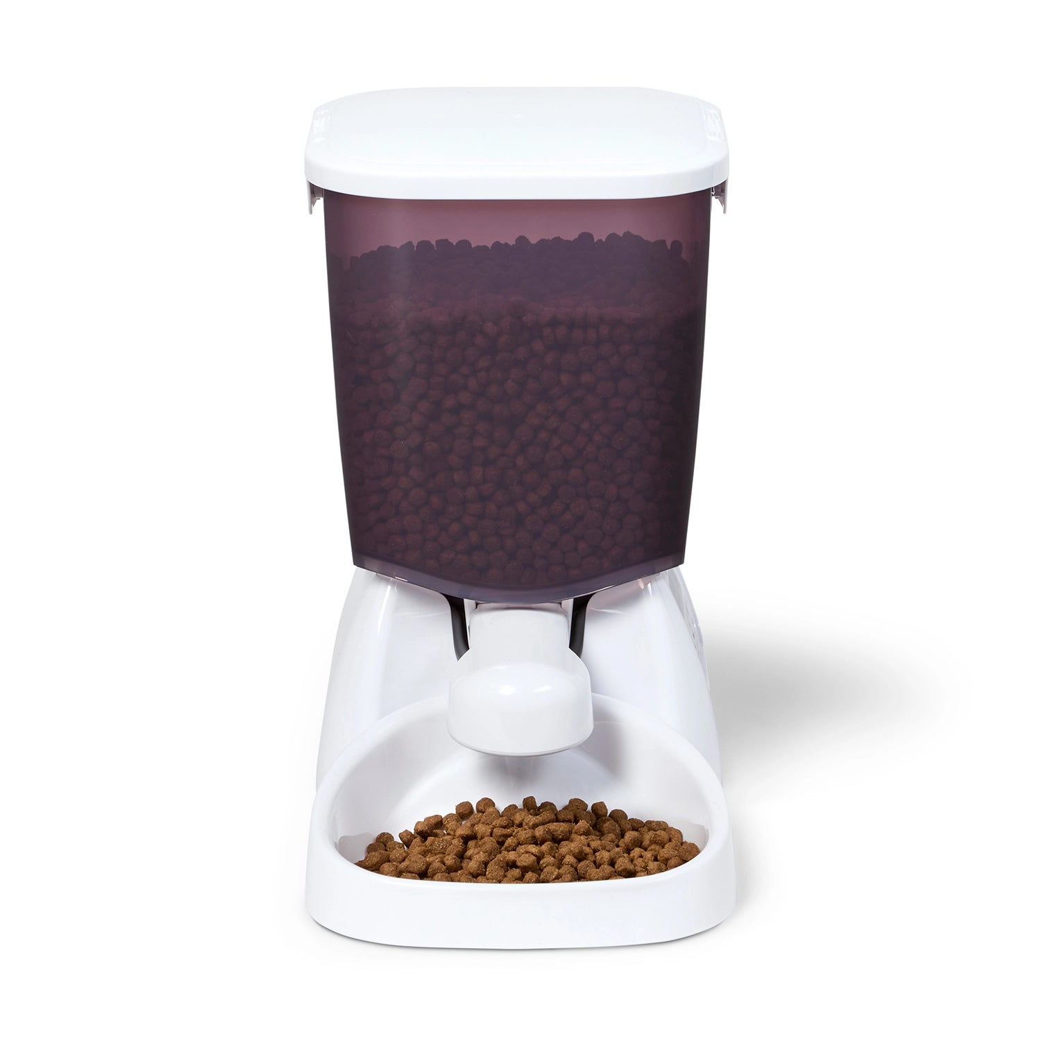 Pet food dispenser with a white base and white top on a white background
