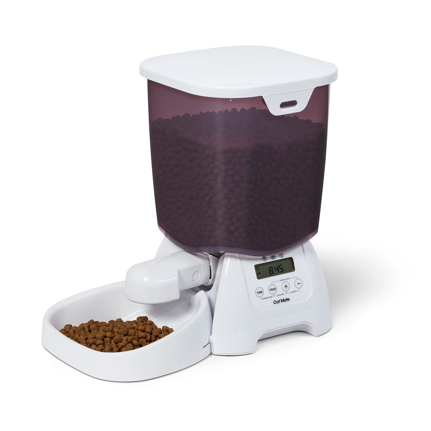 Pet food dispenser with a digital display on a white background