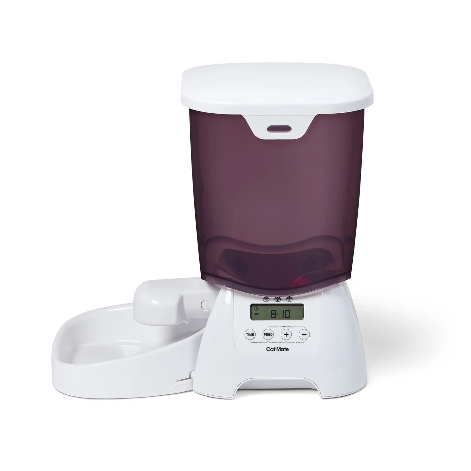 A side view of an empty pet feeder with digital display on a white background