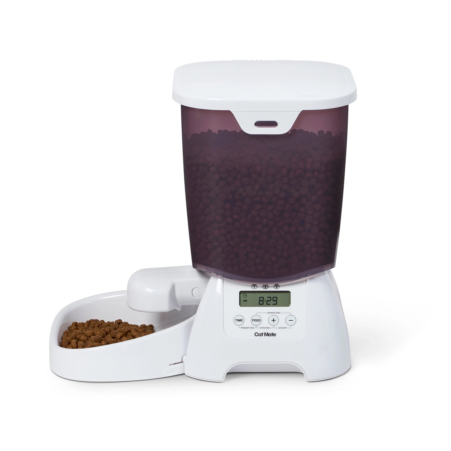 Pet food dispenser with a digital display on a white background