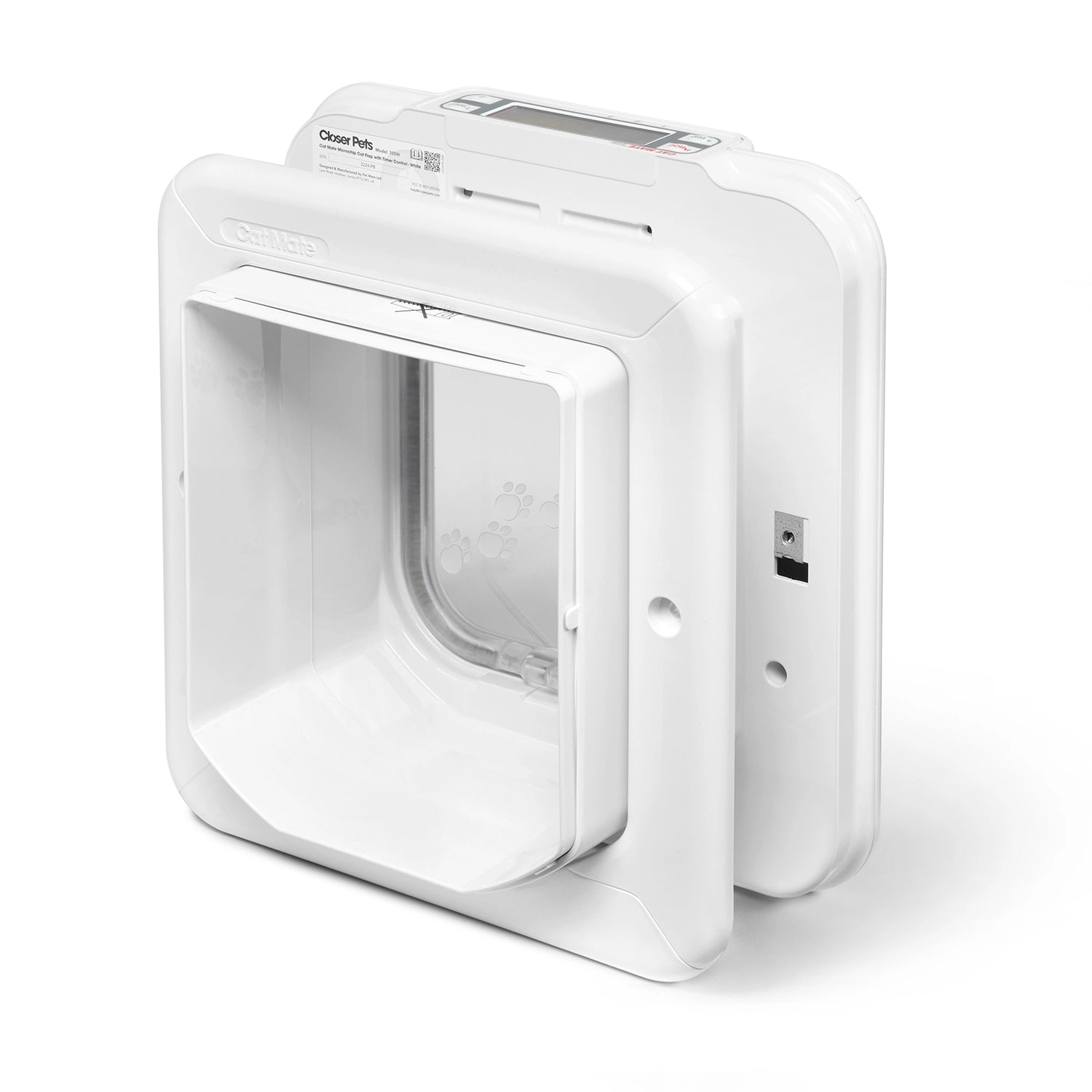 White pet door for cats with a clear plastic flap on a white background