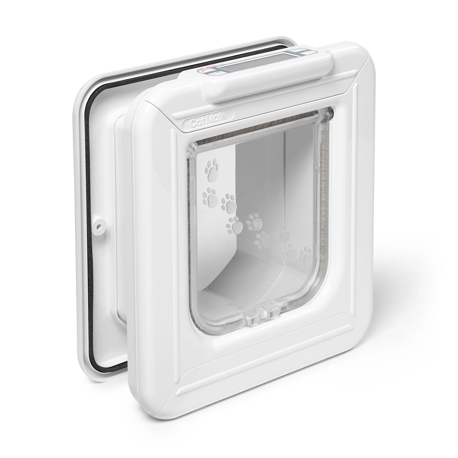 Microchip pet door suitable for cats with a white frame on a white background