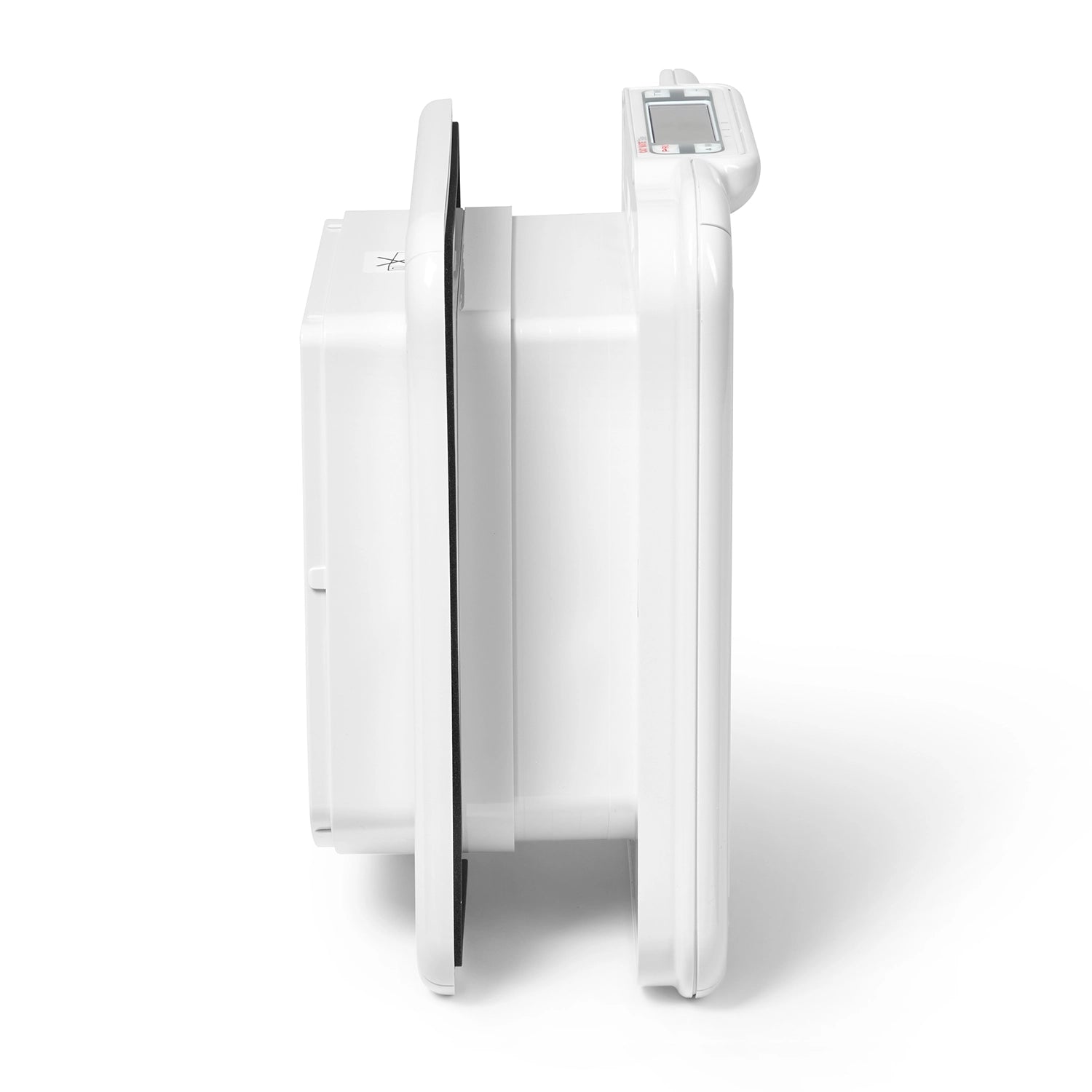 Side view of a white microchip cat flap with a timer control on a white background