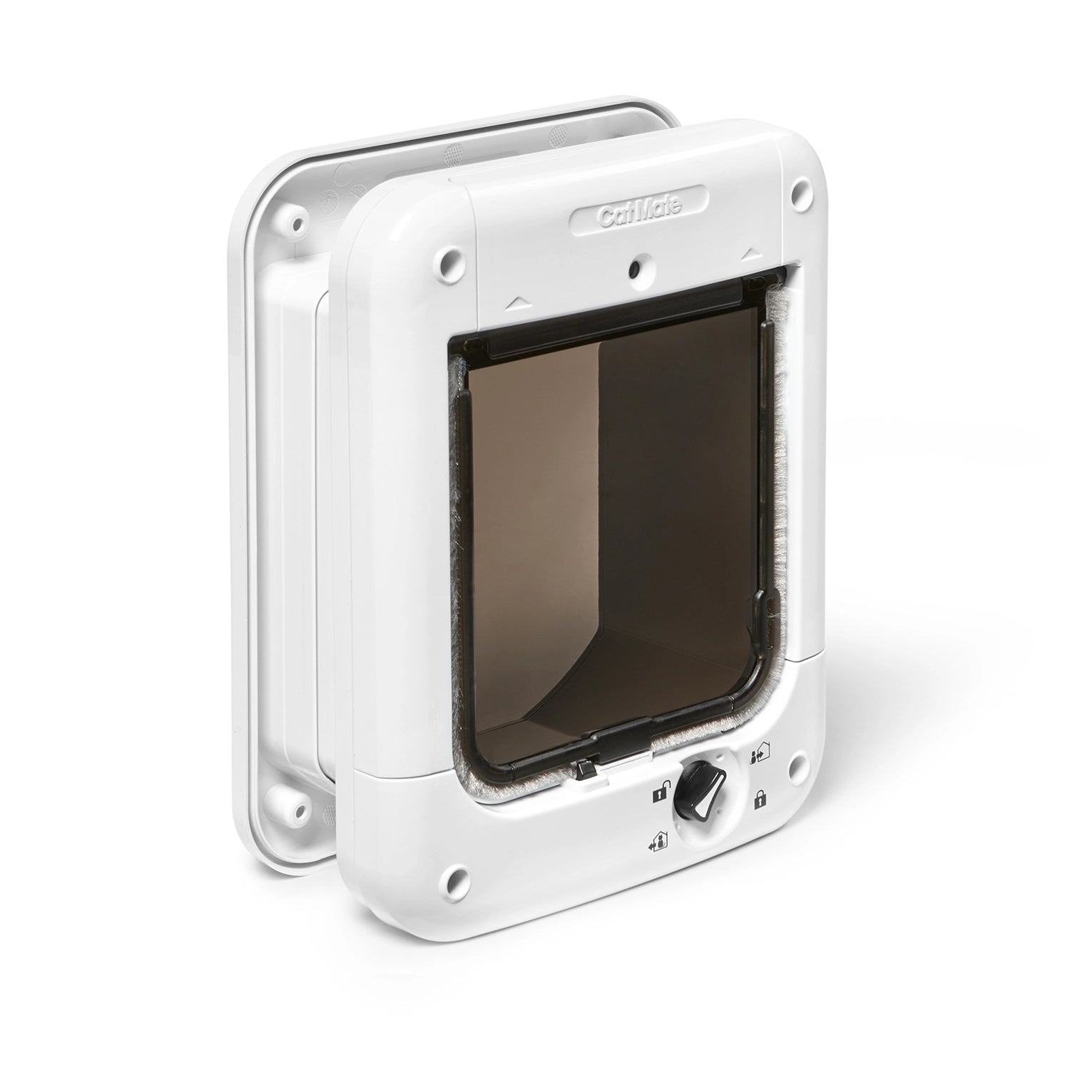Side angle of a white pet door for average size cats with a clear flap above the rotary dial controls, on a white background