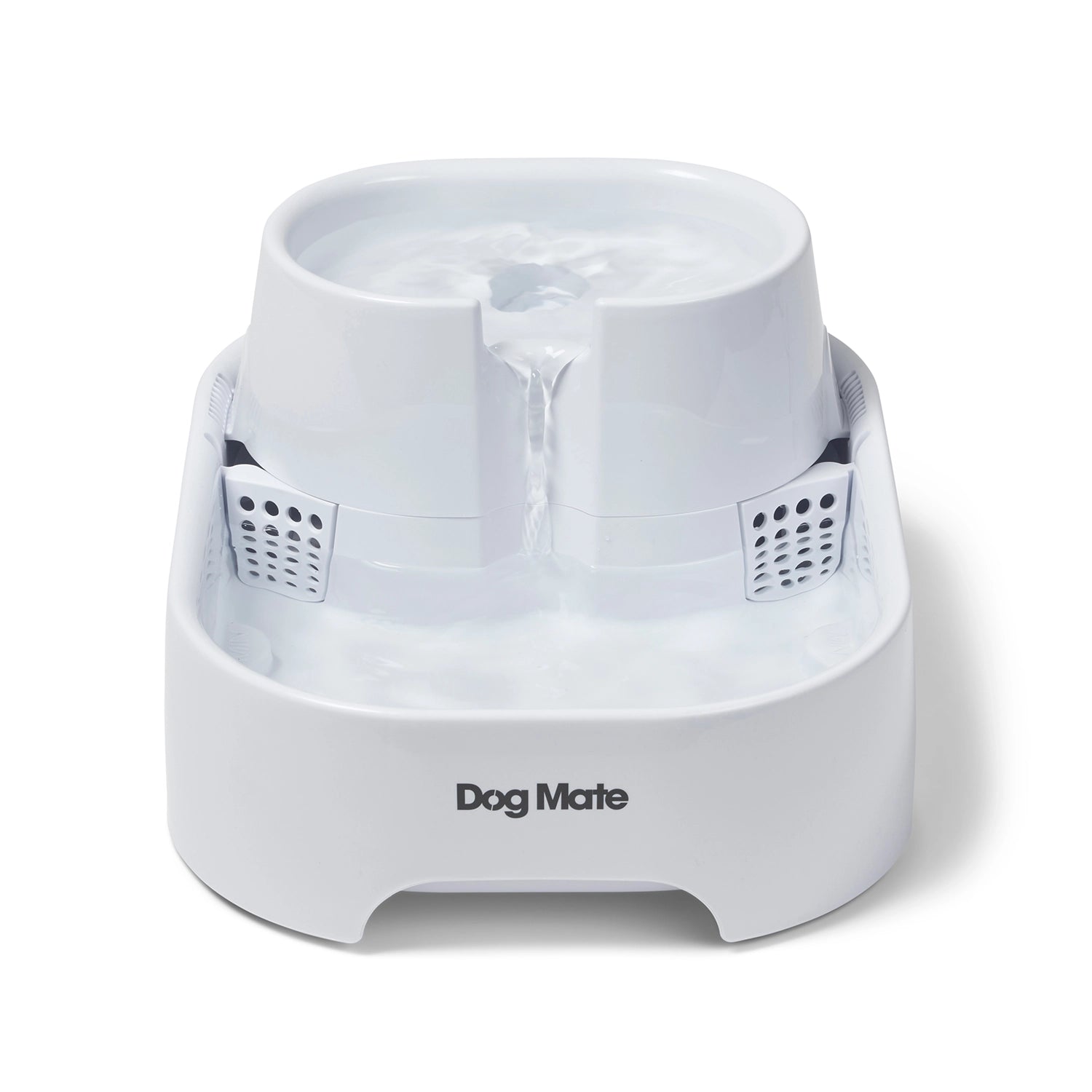 White pet water fountain with 'Dog Mate' branding on a white background