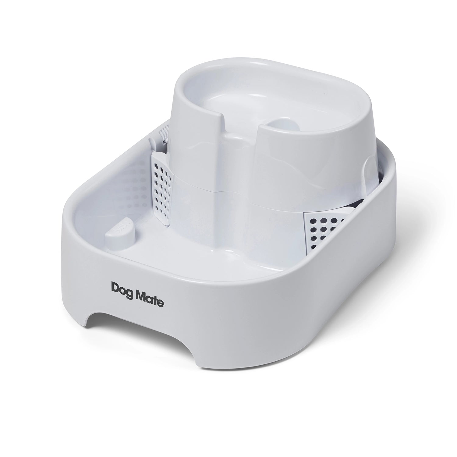 White pet water fountain with 'Dog Mate' branding on a white background