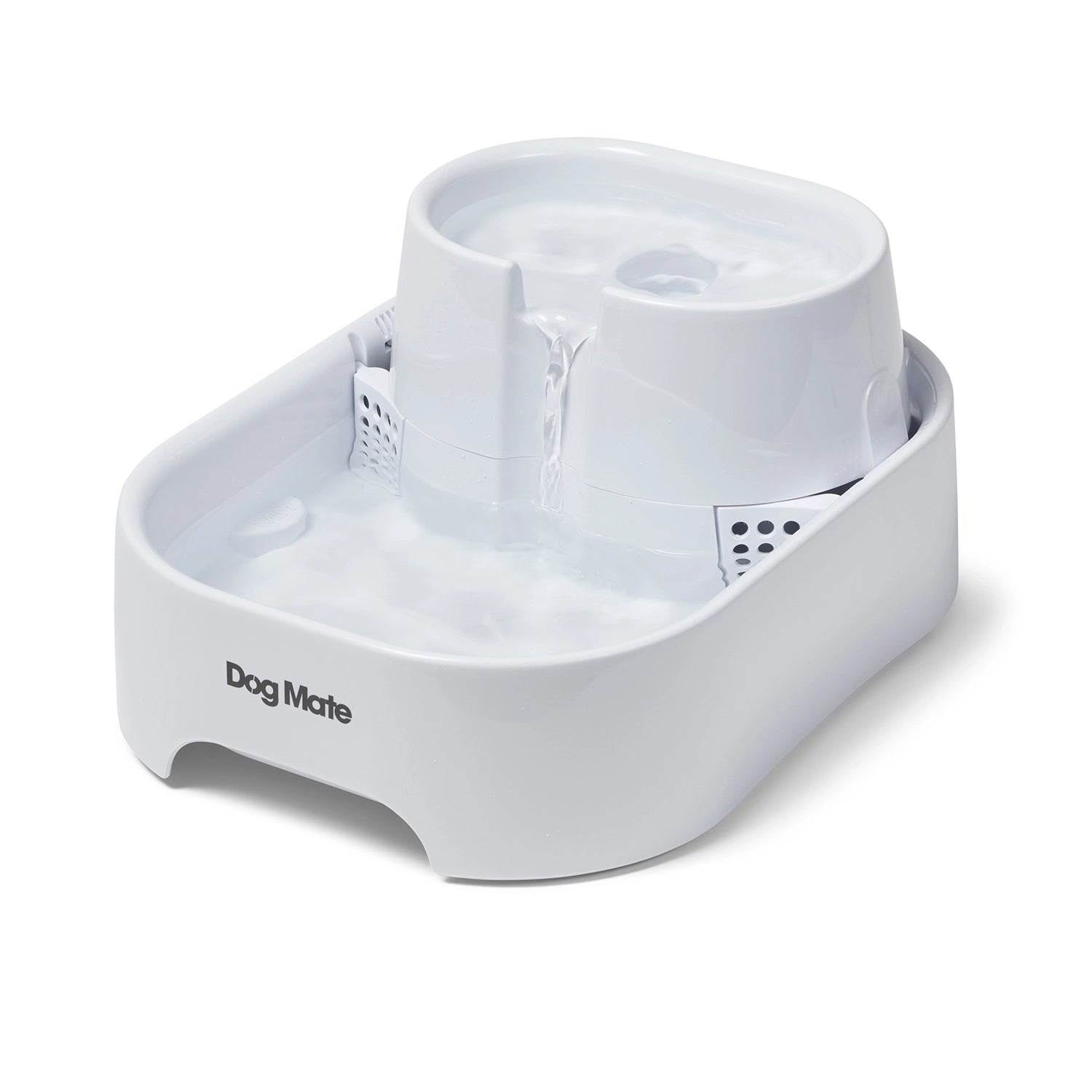 White pet water fountain with 'Dog Mate' branding on a white background