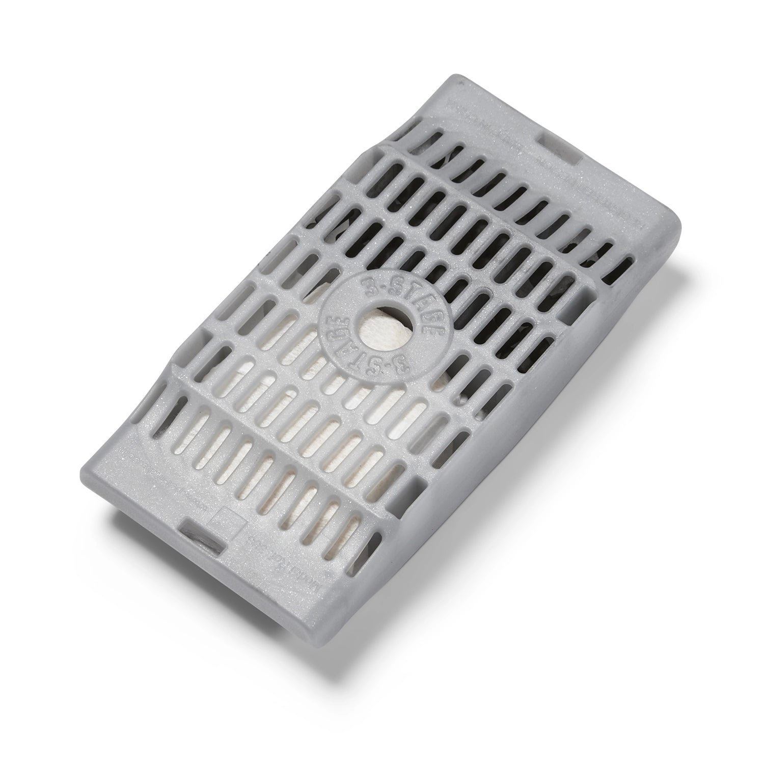 Close-up image of the backside of a Cat Mate and Dog Mate 3-stage filter cartridge. The rectangular filter is light grey with multiple vertical slits and has '3-Stage' embossed in a circular design at the center