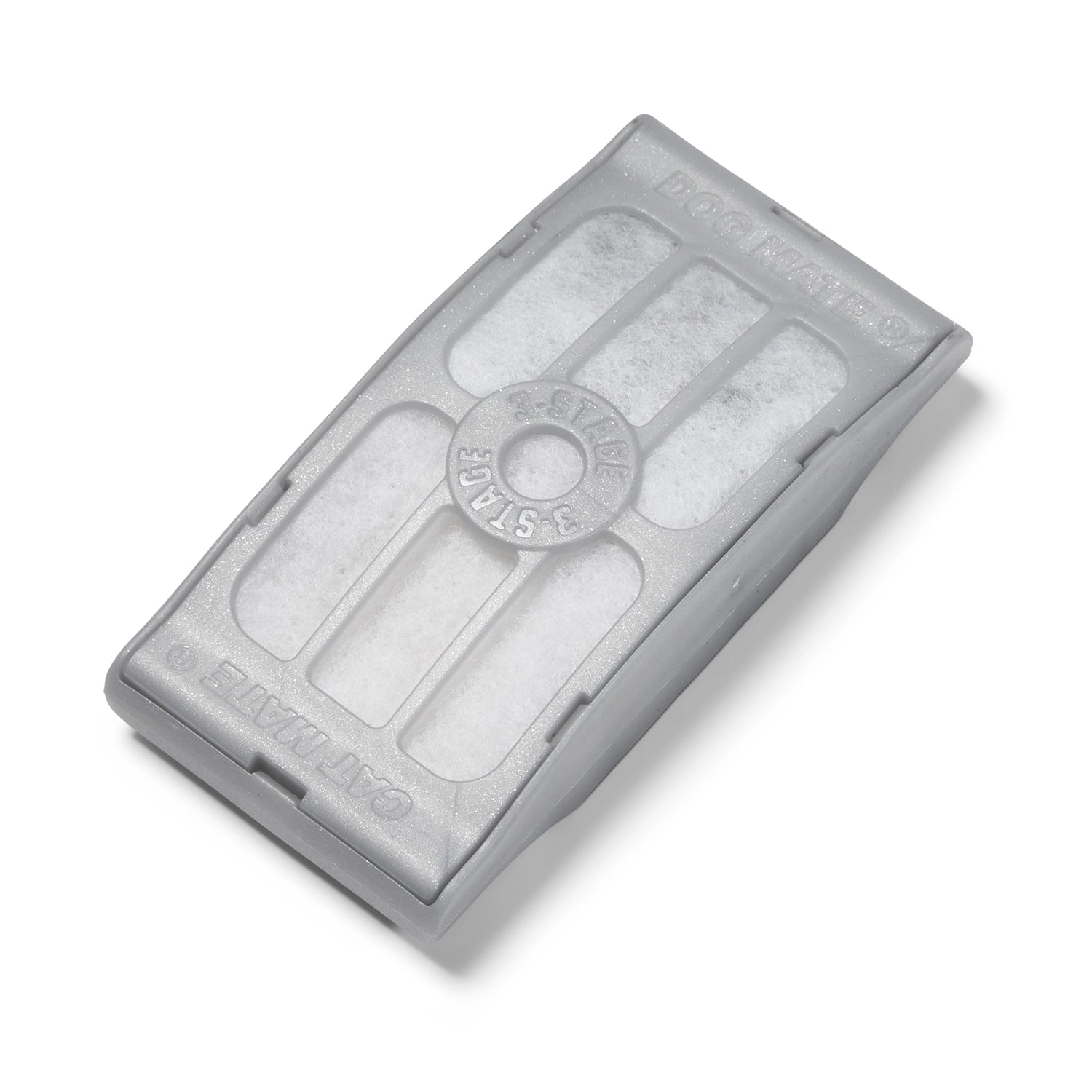 lose-up image of a single Cat Mate and Dog Mate 3-stage filter cartridge. The rectangular filter is light gray with visible white mesh sections and has '3-Stage' embossed in a circular design at the center. The words 'CAT MATE' and 'DOG MATE' are molded into opposite ends of the cartridge.
