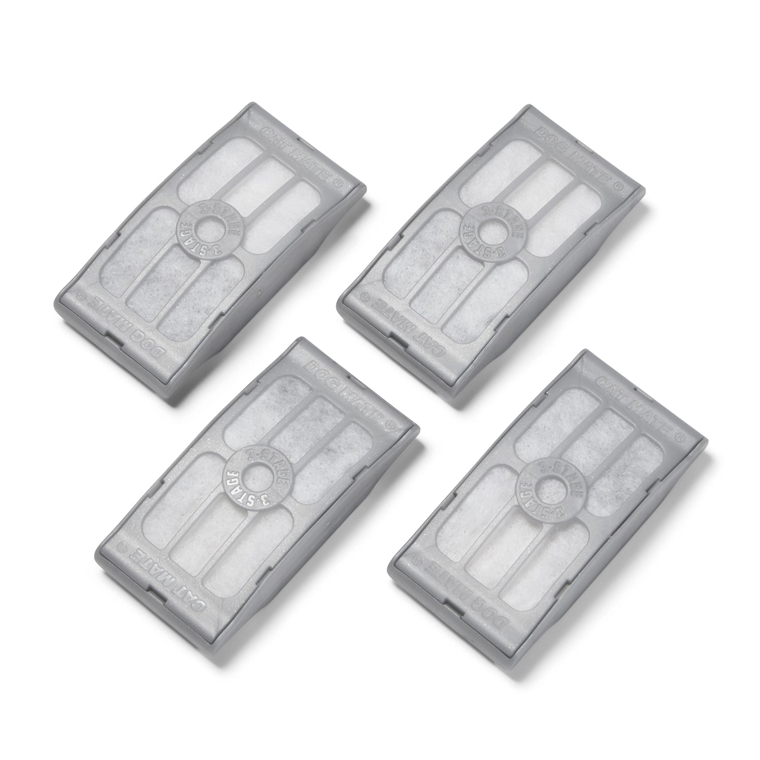 Four gray rectangular filters with a central circular design on a white background