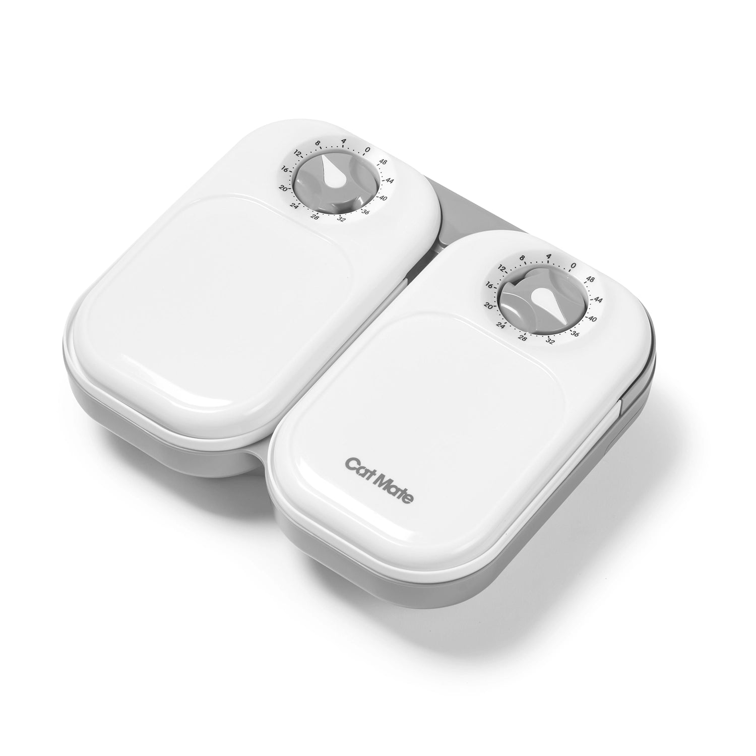 A Front angle view of the two meal pet feeder in white on a white background.