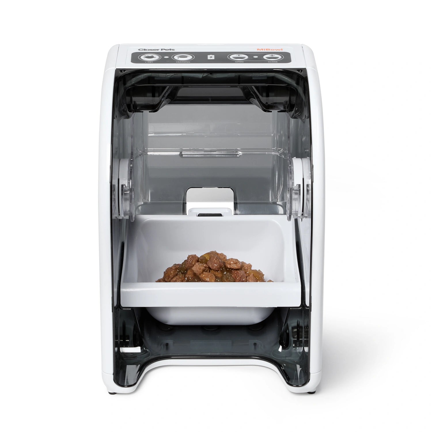MiBowl Automatic Microchip Pet Feeder CP500 showing an opened compartment with pet food inside.