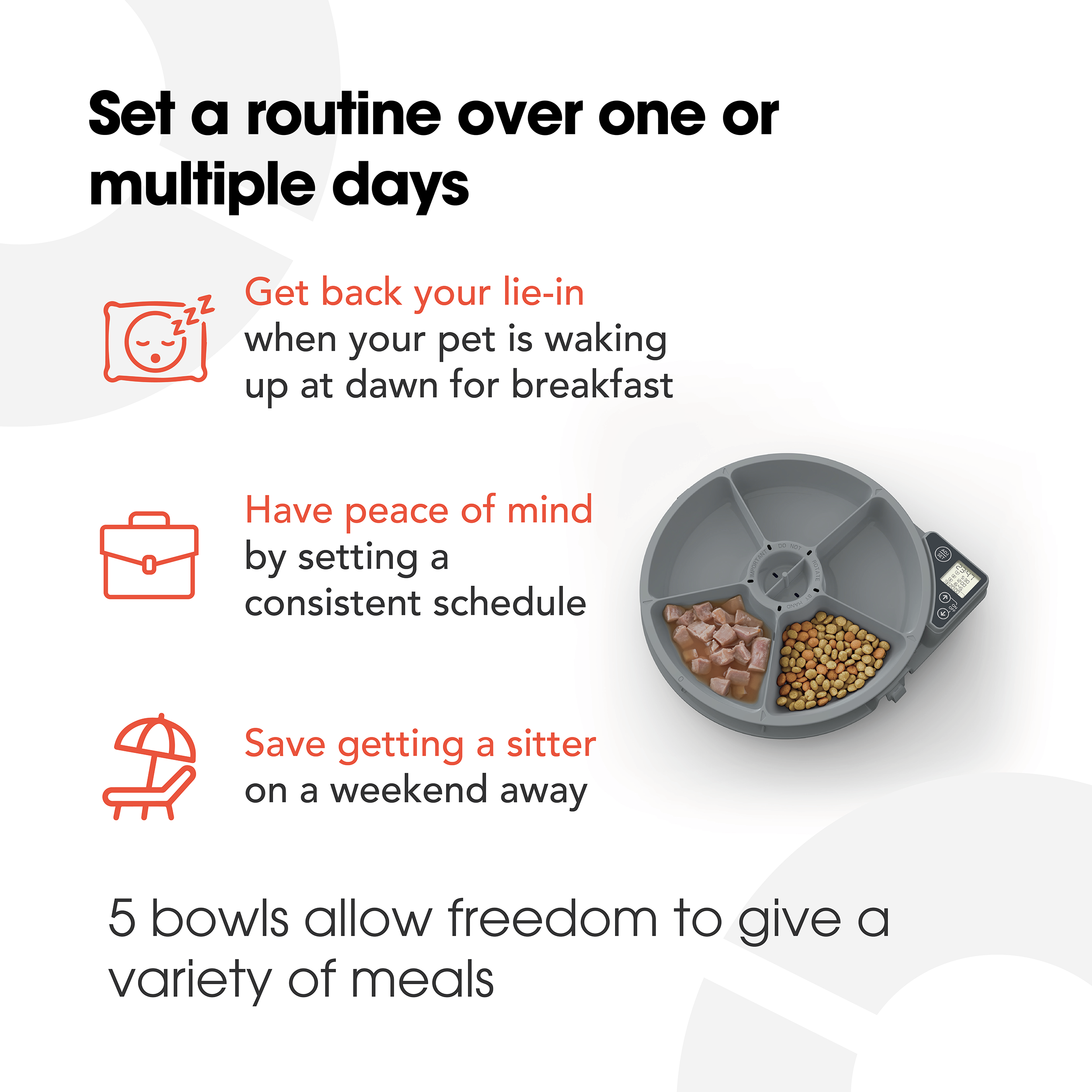 Infographic for an automatic pet feeder. Text highlights benefits of setting a routine over one or multiple days, including: 'Get back your lie-in when your pet is waking up at dawn for breakfast,' 'Have peace of mind by setting a consistent schedule,' and 'Save getting a sitter on a weekend away.' At the bottom, it states: '5 bowls allow freedom to give a variety of meals.' The image includes an overhead view of the feeder with five compartments, two of which are filled with wet and dry pet food, a