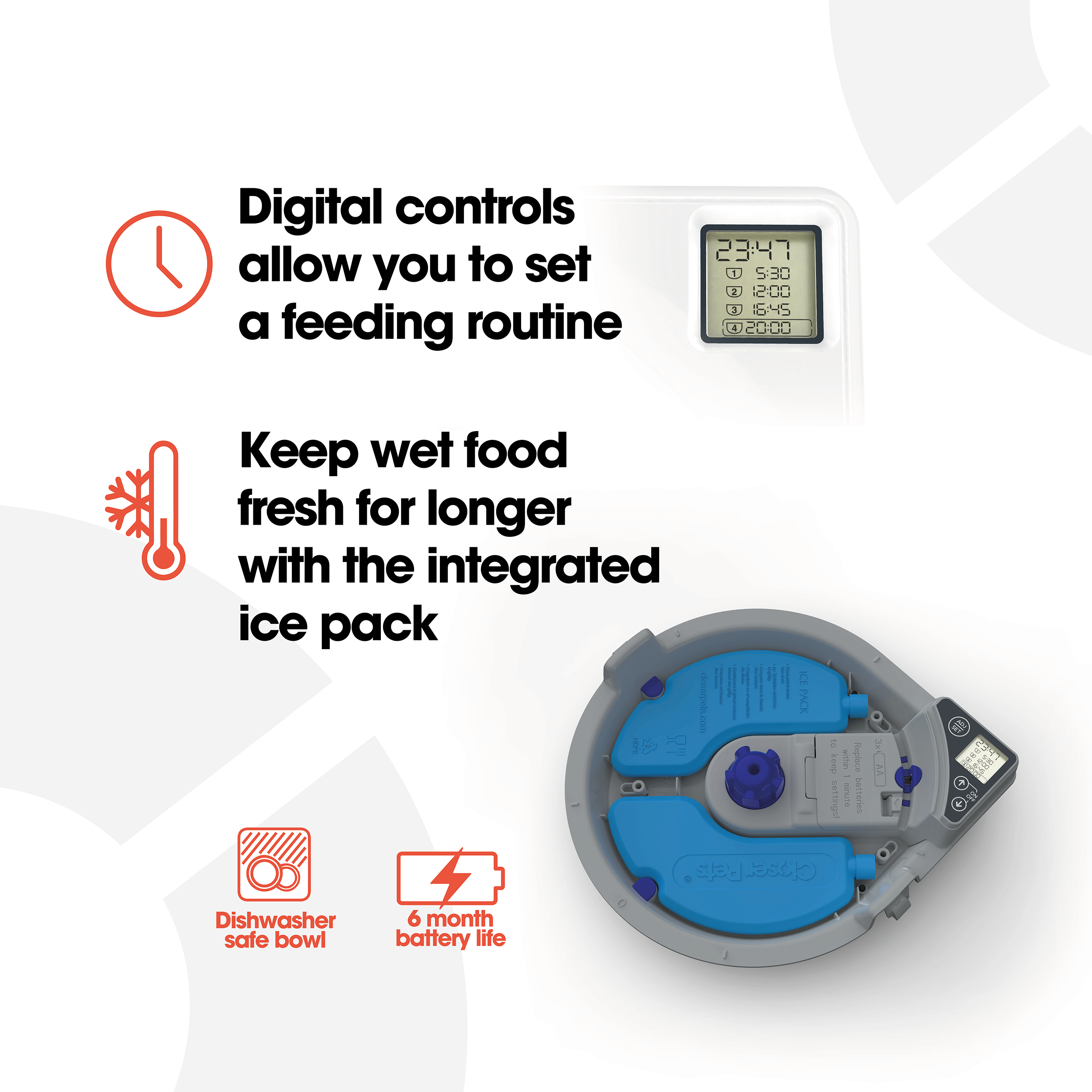 "Product features of a pet feeder with digital controls. Text highlights include: 'Digital controls allow you to set a feeding routine,' 'Keep wet food fresh for longer with the integrated ice pack,' 'Dishwasher safe bowl,' and '6 month battery life.' The image shows a circular pet feeder with blue ice packs and a digital display screen, along with small icons representing each feature.