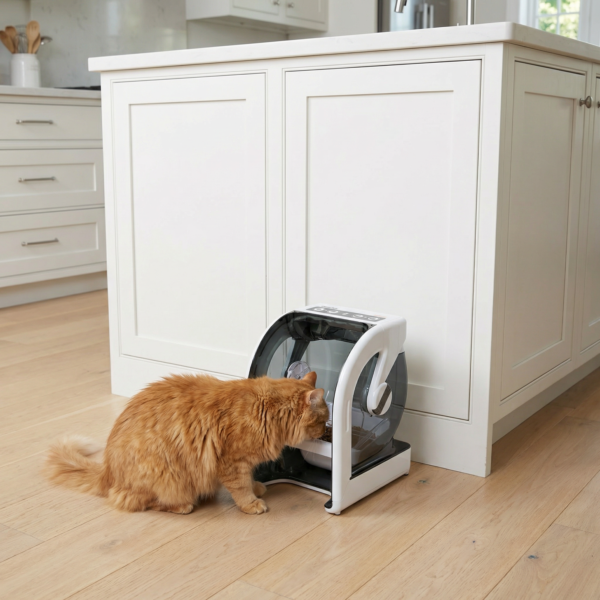 Cat using the MiBowl Automatic Microchip Pet Feeder CP500 in a kitchen setting.