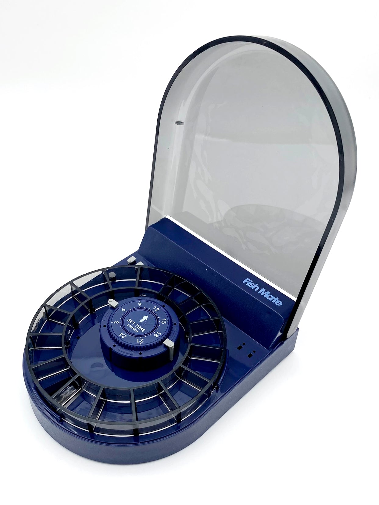 An arial view of the fish food dispenser showing the timer and compartments for the food.