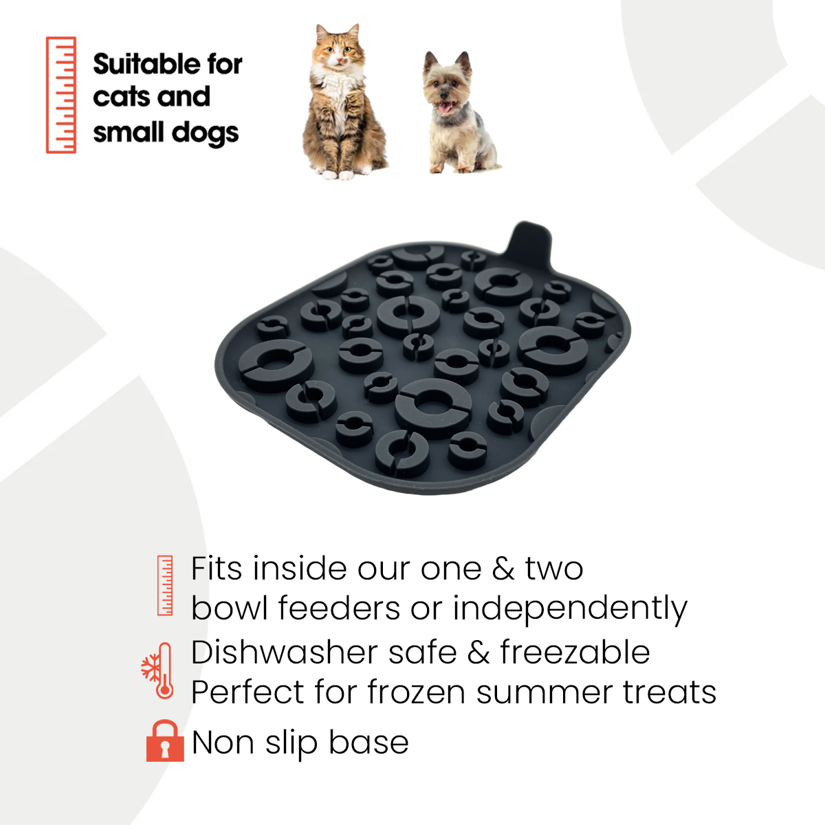 Infographic of a black textured feeding mat with raised circular patterns, designed for cats and small dogs. Above the mat are images of a cat and a small dog. Text on the image highlights features: 'Fits inside our one & two bowl feeders or independently,' 'Dishwasher safe & freezable – perfect for frozen summer treats,' and 'Non-slip base.' The mat has a tab on one side for easy handling.