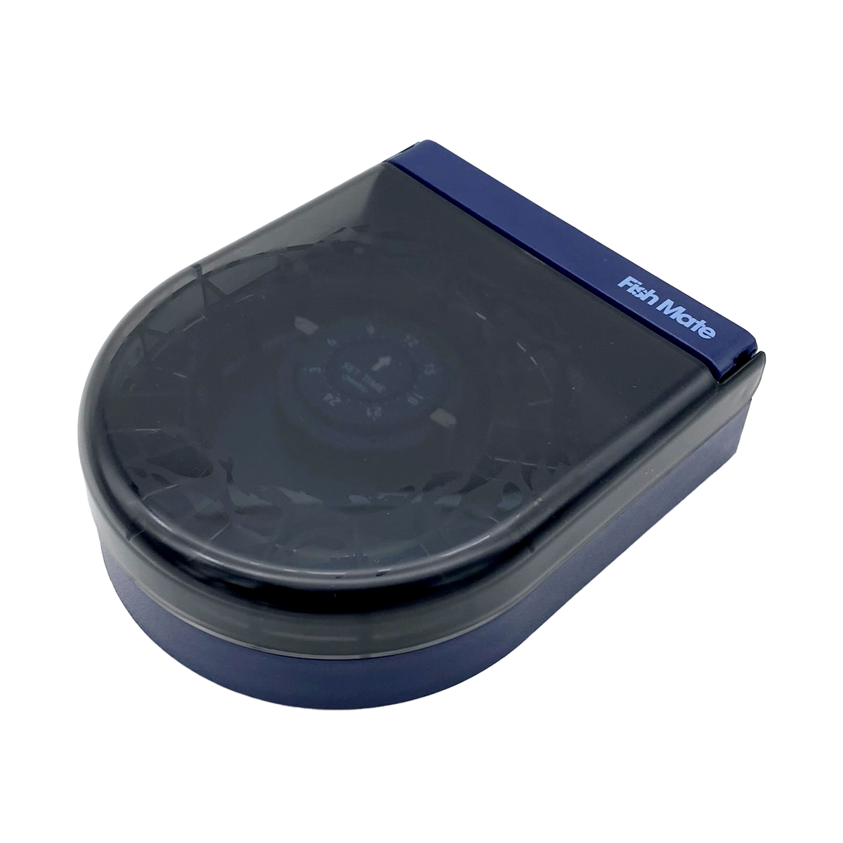 Automatic aquarium fish feeder mounted on a blue bracket, designed to dispense fish food into an aquarium.