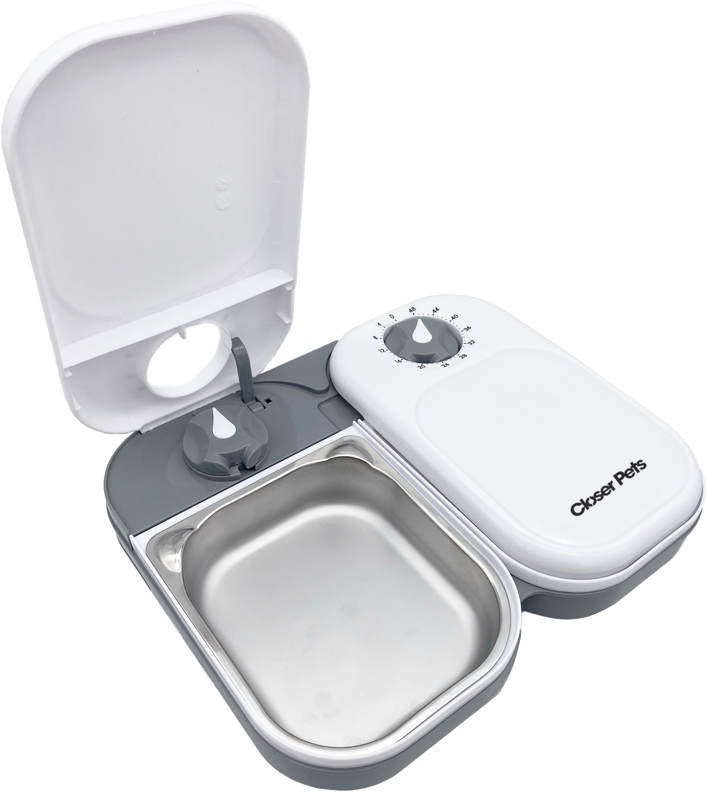 Closer Pets automatic pet feeder with a stainless steel food bowl and a white lid with a dial timer. The feeder has a gray and white plastic base with a hinged lid open, showing the food compartment and water droplet icon on the dial. The brand name 'Closer Pets' is printed on the white lid.