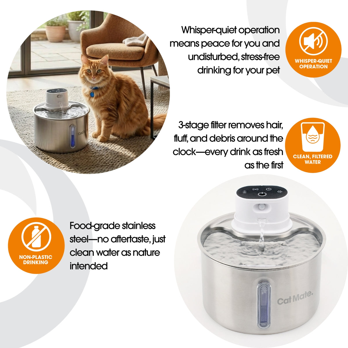 Cat Mate 2.2 Litre Stainless Steel Cordless Cat Water Fountain
