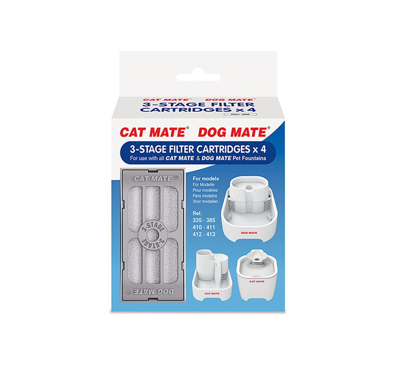 Product packaging for Cat Mate and Dog Mate 3-Stage Filter Cartridges, a pack of 4 replacement filters. The front of the box displays one of the filters and images of compatible pet water fountains. Text indicates compatibility with models 335–385, 410–411, and 412–413, and specifies that the filters are for use with all Cat Mate and Dog Mate pet fountains. The packaging is primarily blue and white with red and blue text